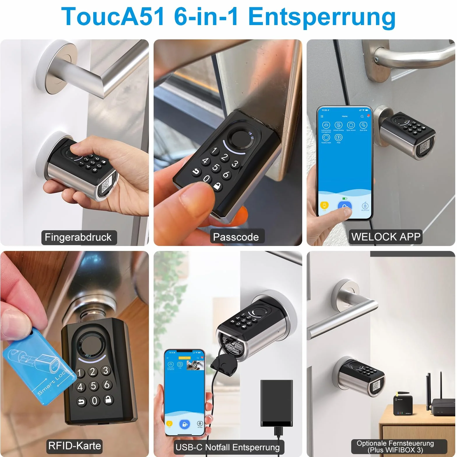 WELOCK ToucA51 Elektroniczny Zamek do Drzwi, Odcisk Palca, Kod, RFID, Aplikacja, 30-70 mm