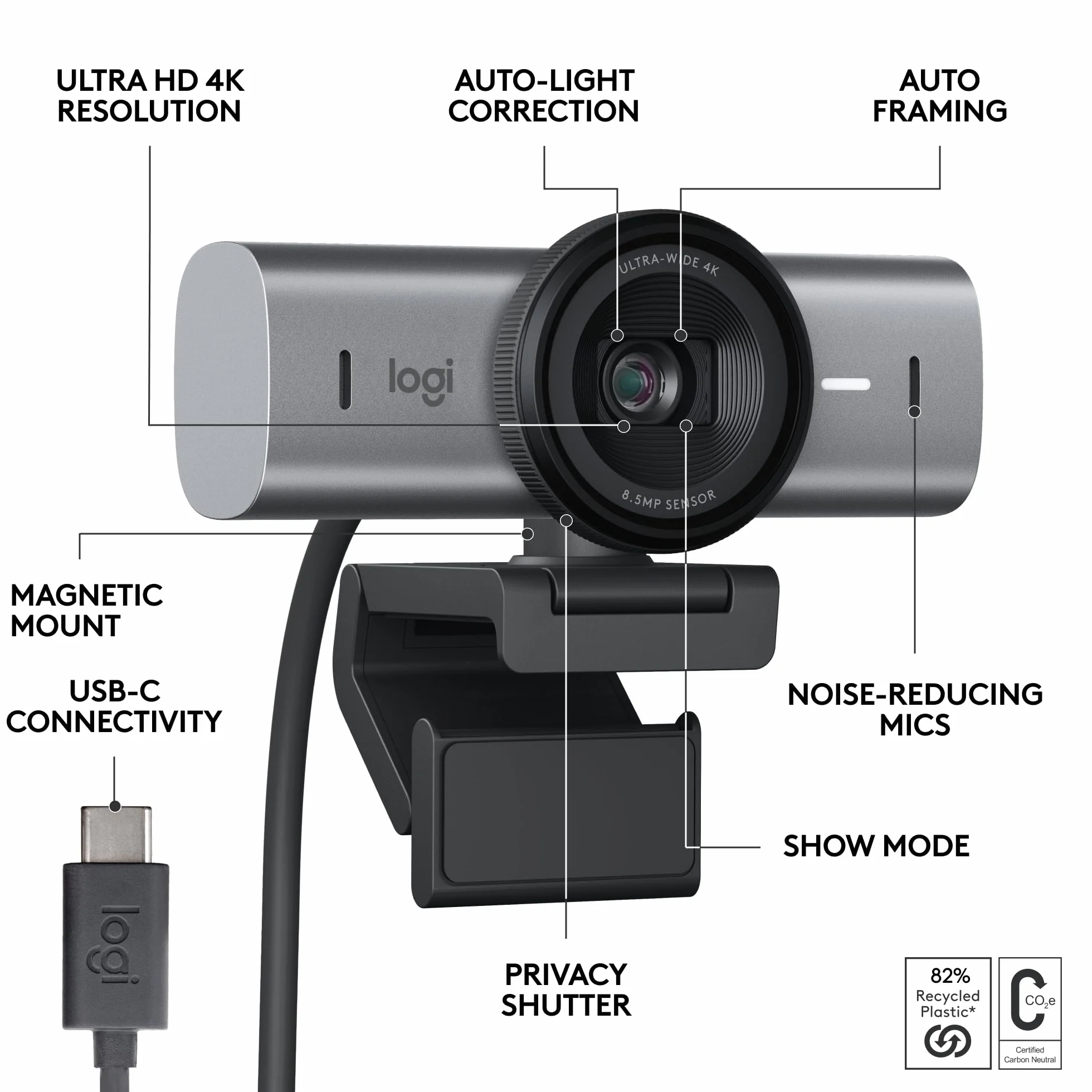 Logitech MX Brio Ultra HD 4K Kamera internetowa, 1080p 60 kl./s, USB-C, osłona kamery