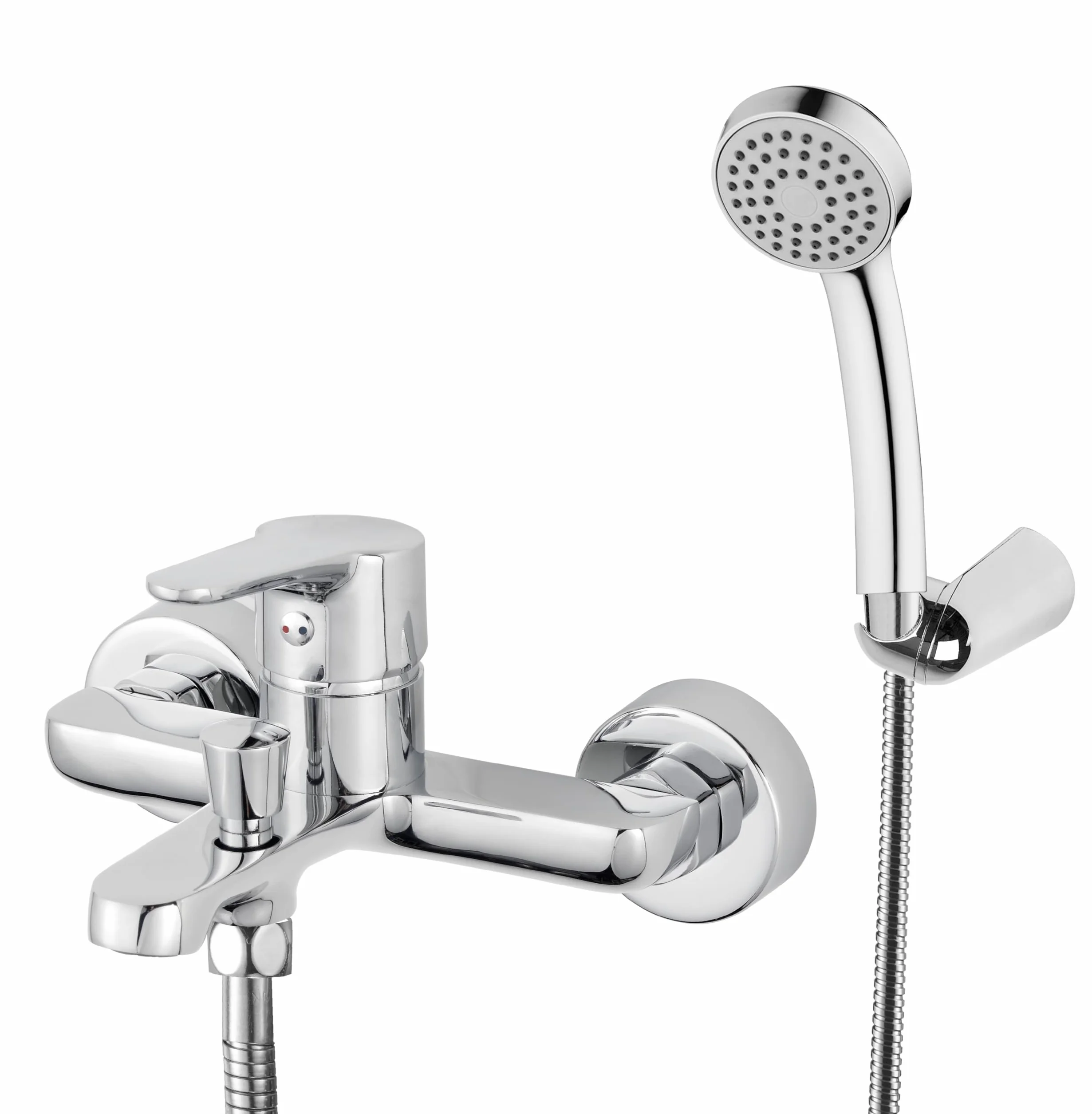Mosiężna bateria wannowa z chromowanym wykończeniem, montaż na ścianie z odpływem prysznicowym, stylowy design, łącznie z jedną rączką z Flexo, uchwytem i uchwytem.
