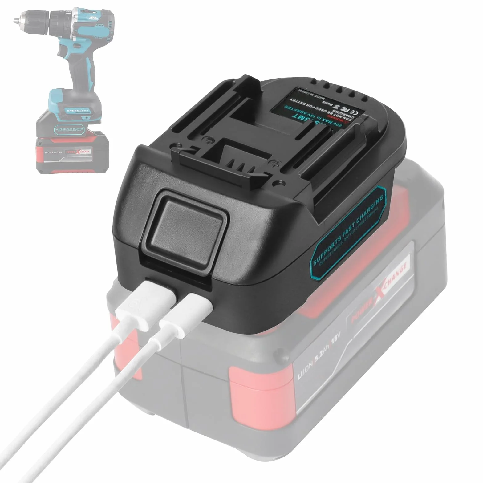 QUPERR USB Adapter baterii kompatybilny z Einhell 18V do Makita 18V | z portami USB-A i USB-C do ładowania.