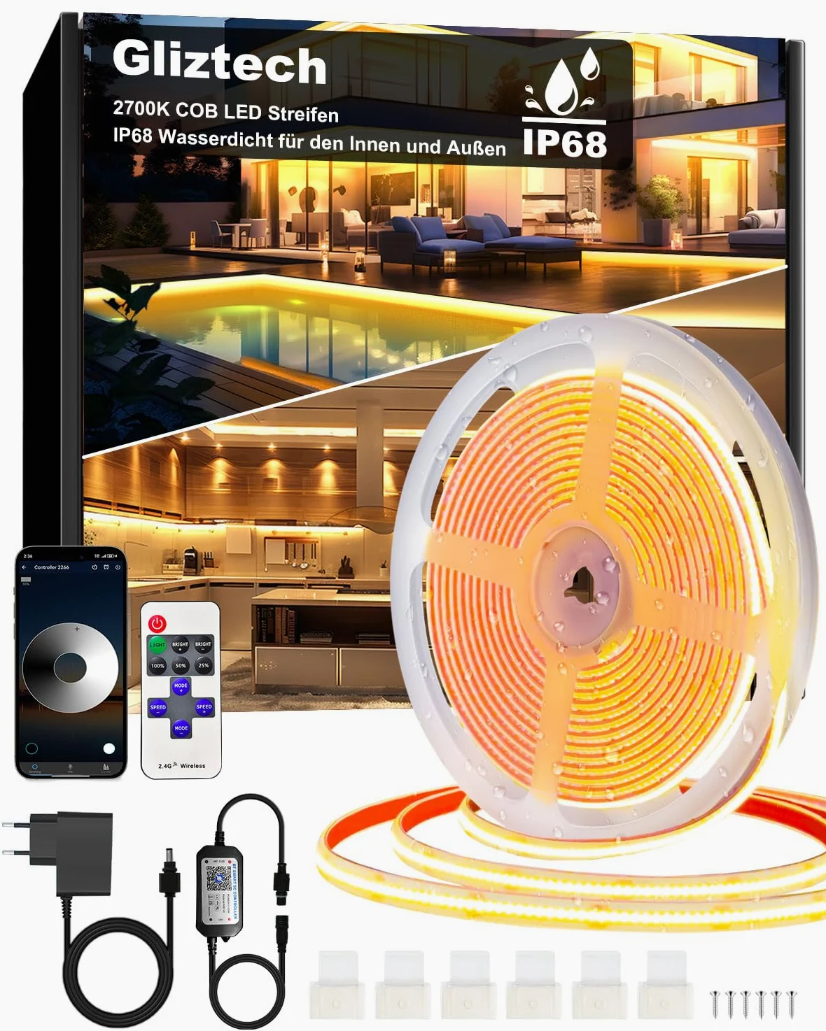 Taśma LED COB 15M Wodoszczelność IP68, 24V 2700 K Ciepła Biel, Taśma Swietlna LED Samoprzylepna Zewnętrzna z Zasilaczem, Aplikacją i pilotem zdalnego sterowania, Do Okapu Dachowego, Ogrodu