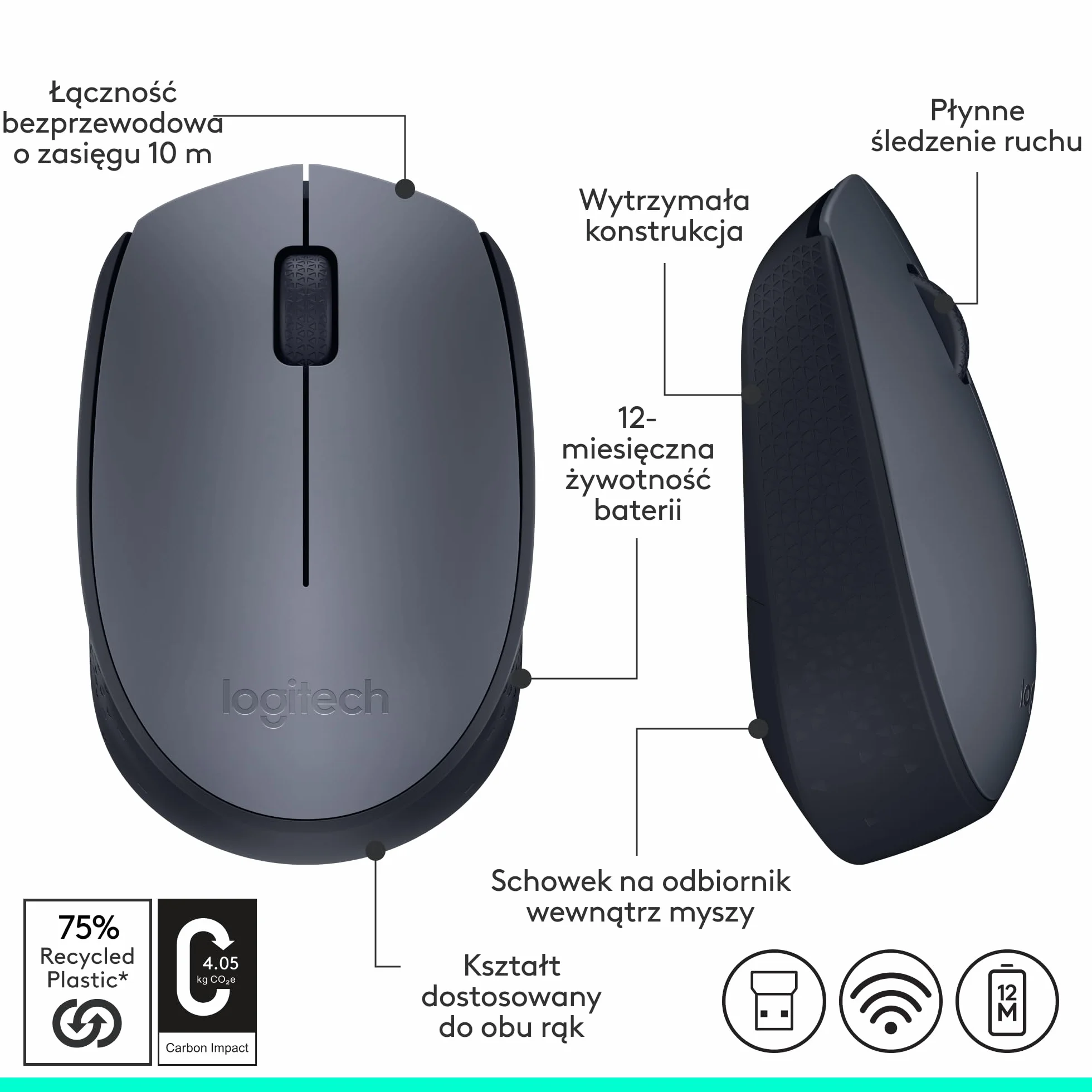 Logitech M170 Mysz bezprzewodowa, 2,4 GHz z nanoodbiornikiem USB, optyczne śledzenie ruchów, 12-miesięczna żywotność baterii, oburęczna, PC / Mac / Laptop - Szary