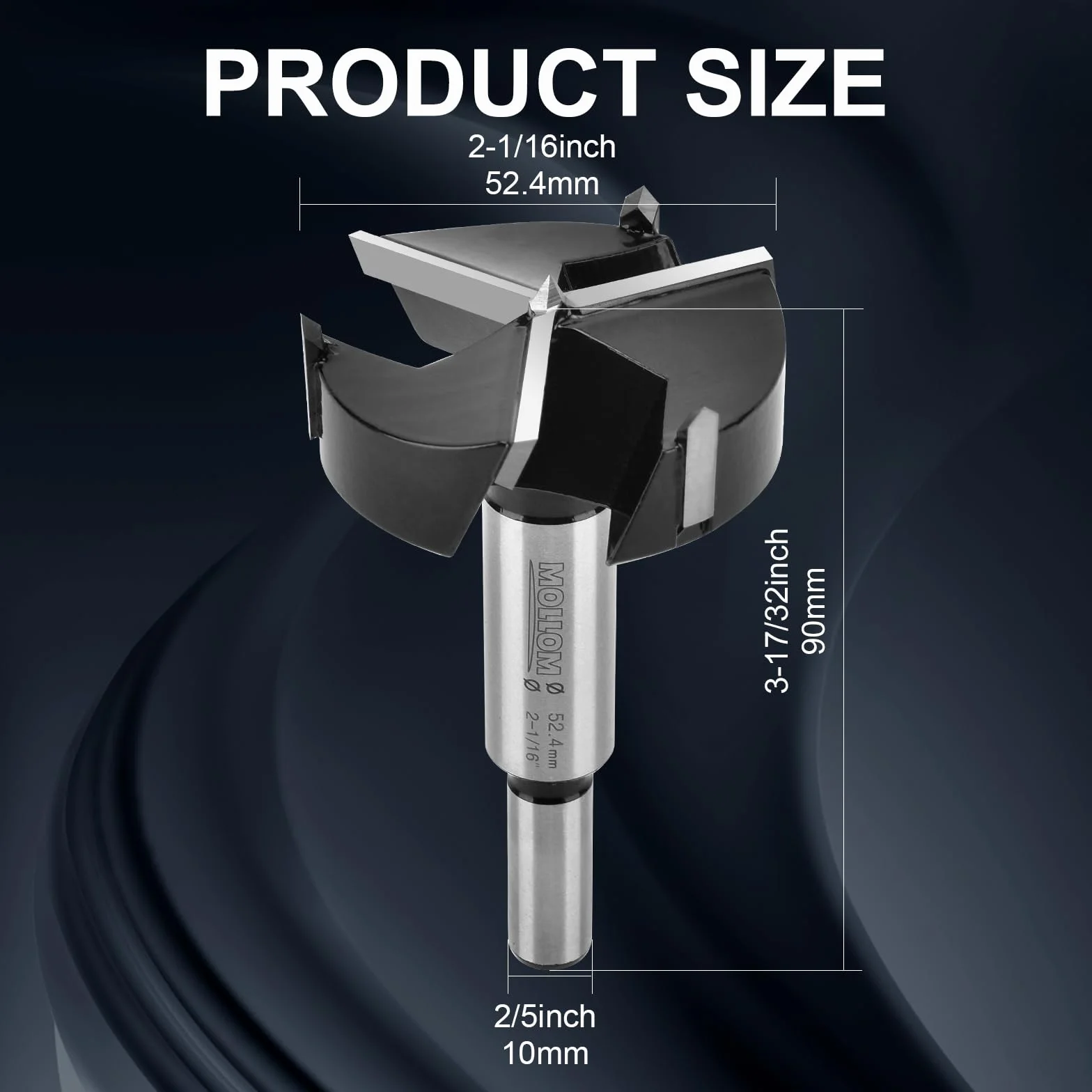 Mollom (52.4mm | 2-1/16") Wiertło Forstnera o trzech rowkach do obróbki drewna,z trzema ostrzami z węglika YG8 (gr. 2,0 mm).Zestaw tnący do zawiasów:drewno twarde/miękkie,tworzywa sztuczne