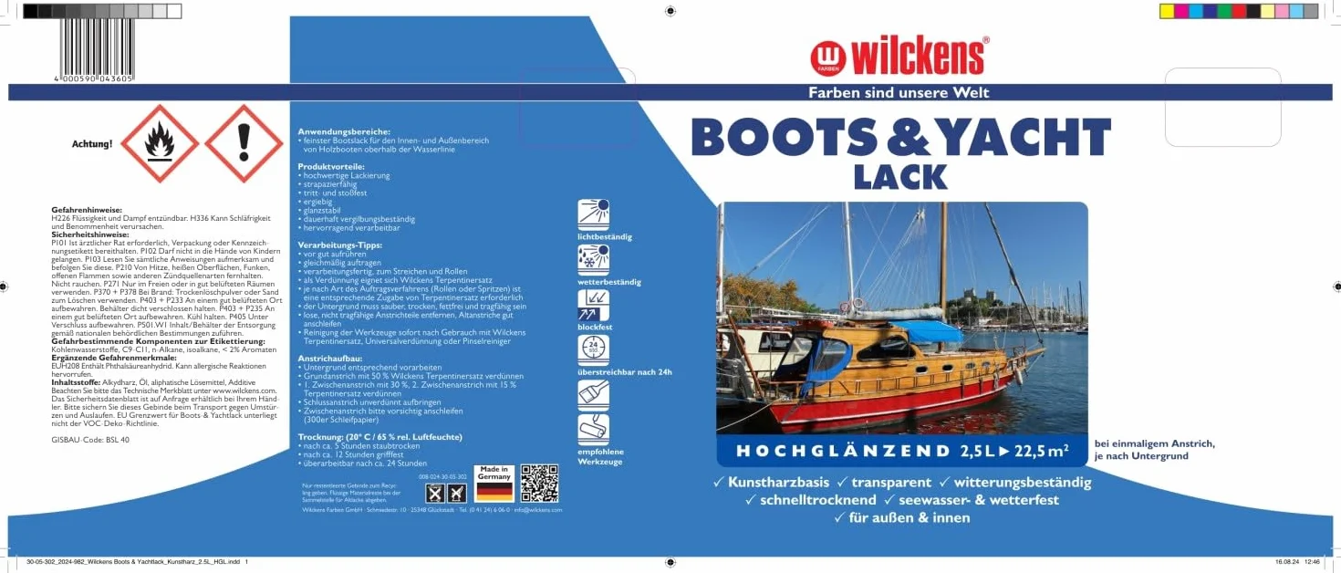 Boots & Yachtlack 2 x 2,5 l przezroczysty lakier do łodzi łódź jacht lakier wysoki połysk lakier bezbarwny lakier z żywicy syntetycznej bezbarwny lakier specjalny lakier do drewna ochrona drewna