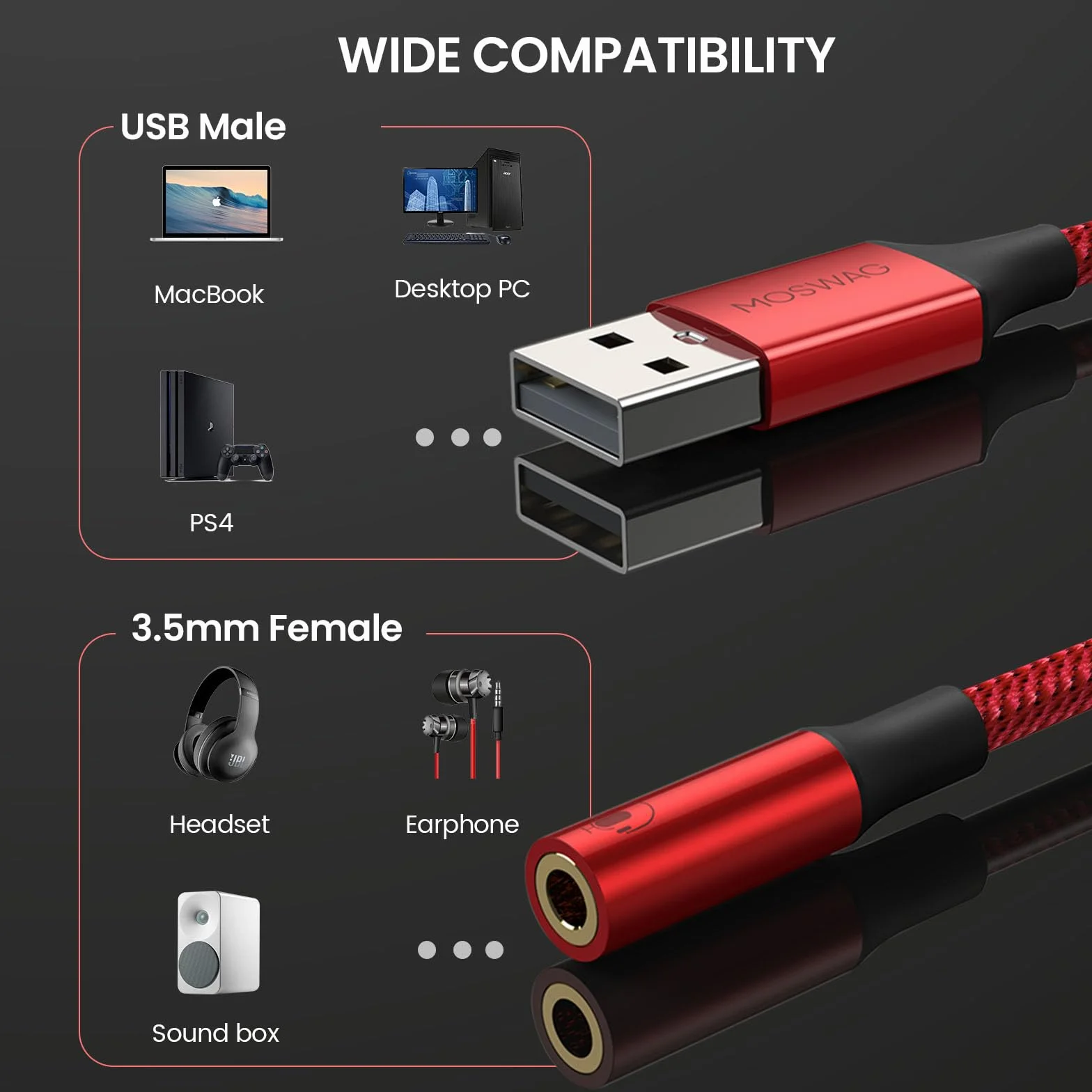 MOSWAG Adapter audio USB do 3,5 mm jack, zewnętrzna karta dźwiękowa USB-A
