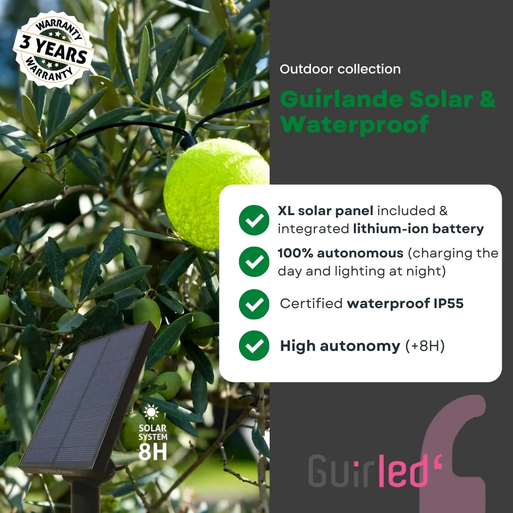 GuirLED - Girlanda zewnętrzna z kulami świetlnymi LED-Guinguette - Wodoszczelna IP55 - Wysokowydajny panel słoneczny - Automatyczne WŁĄCZ/WYŁĄCZ - 32 kule 6 m - Forest