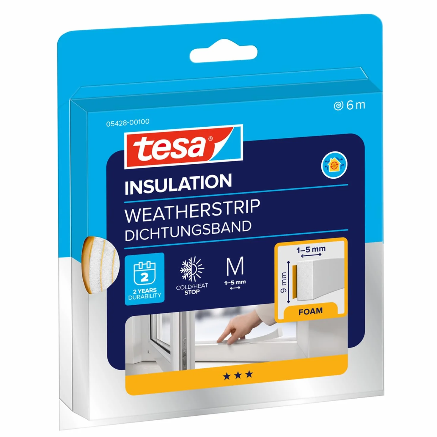 tesa INSULATION M taśma uszczelniająca - pianka uszczelniająca do izolacji szczelin w domu, samoprzylepna - biała - 6 m x 9 mm x 5,5 mm