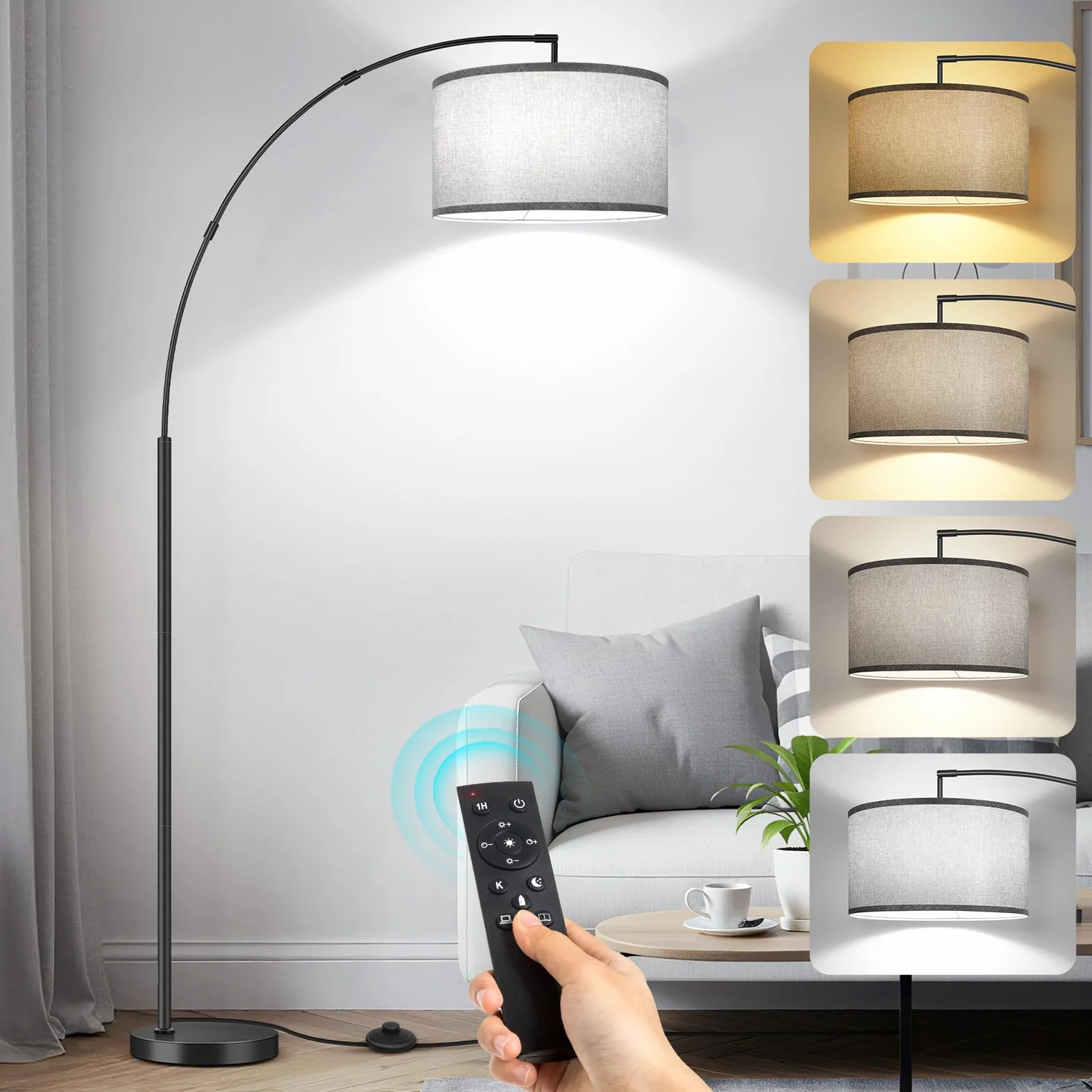 OUTON Lampa Łukowa do Salonu, LED Stojąca z Abażurem w Kolorze Szary 40cm, Pilotem i Przełącznikiem Nożnym, 3 Temperaturami Barwowymi, w Zestawie Żarówka E27, Czarna do Sypialni lub Biura