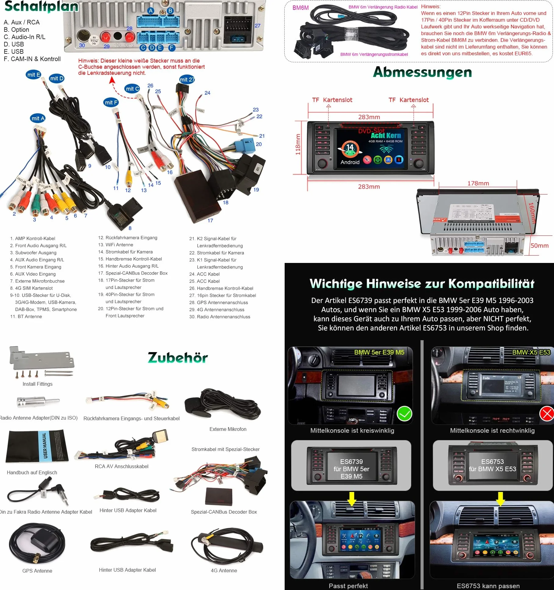 erisin 8-rdzeniowe [4G + 64G] Android 14 radio samochodowe do BMW serii 5 E39 M5 GPS Navi Carplay Android Auto DSP Bluetooth 5.0 A2DP DVD DSP WiFi DAB + 7 cali IPS ekran dotykowy DVR