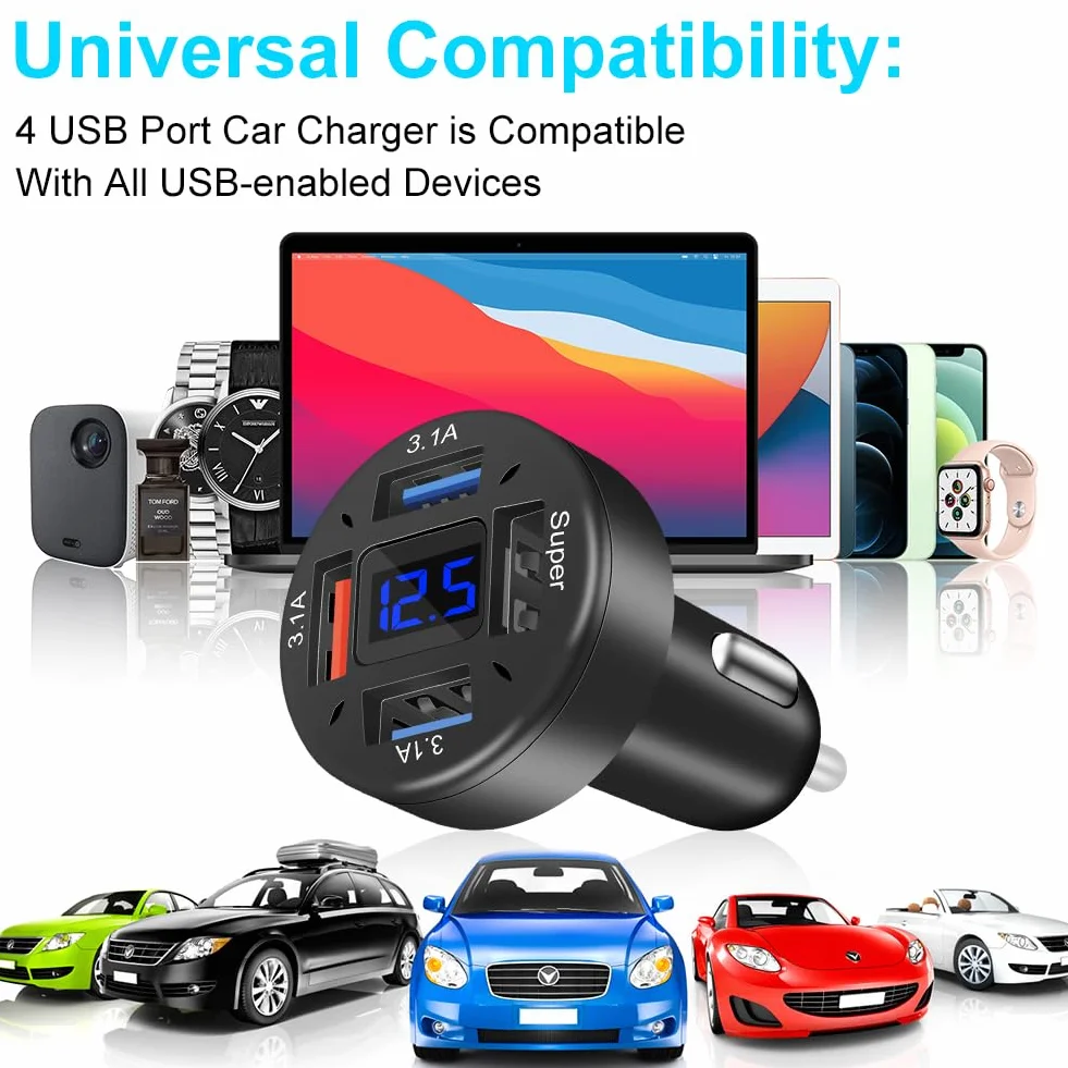 AXFEE Ładowarka samochodowa 66W 4 porty USB 3.1A szybkie ładowanie do iPhone Samsung Huawei Xiaomi