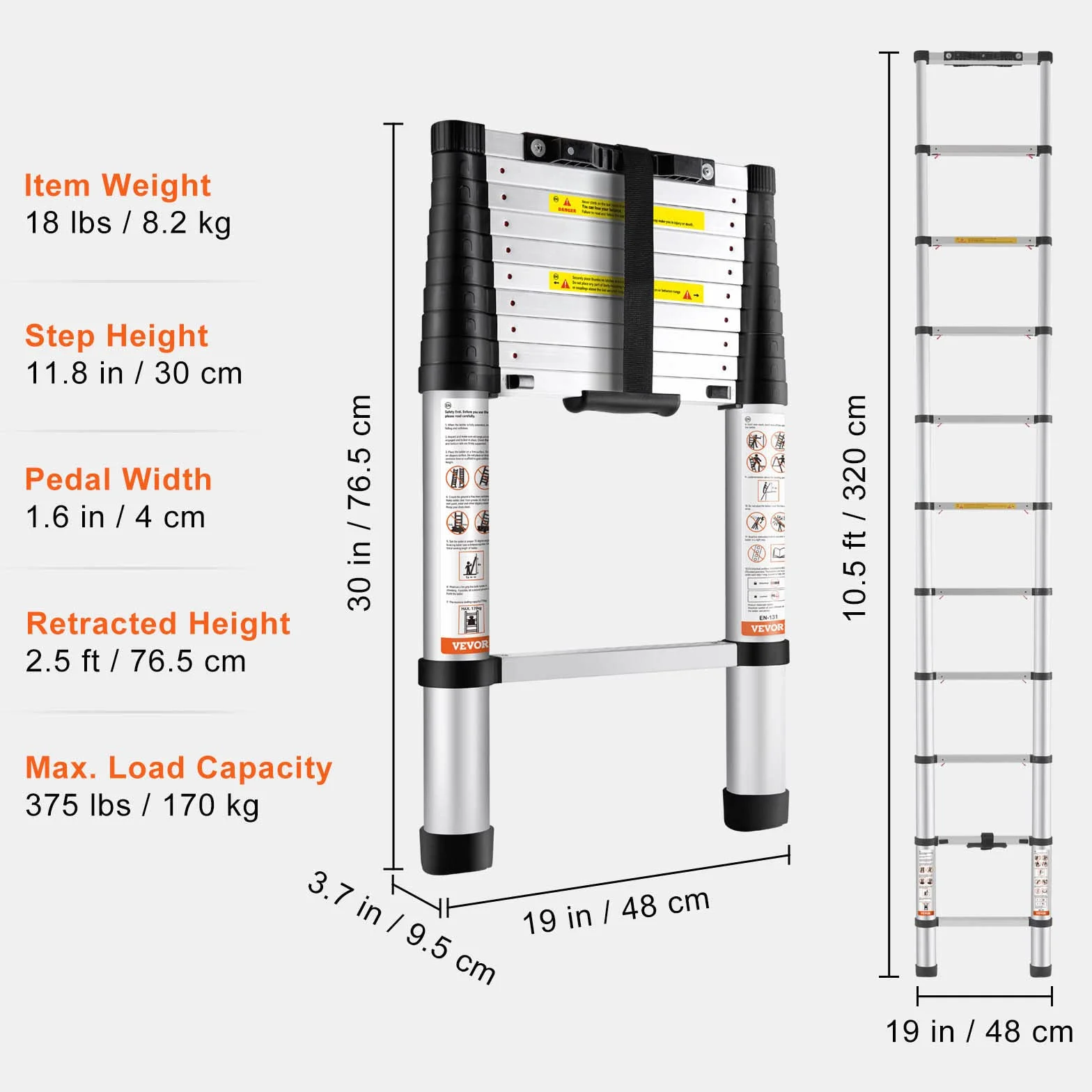 VEVOR Aluminiowa drabina teleskopowa 320 cm 170 kg składana przenośna
