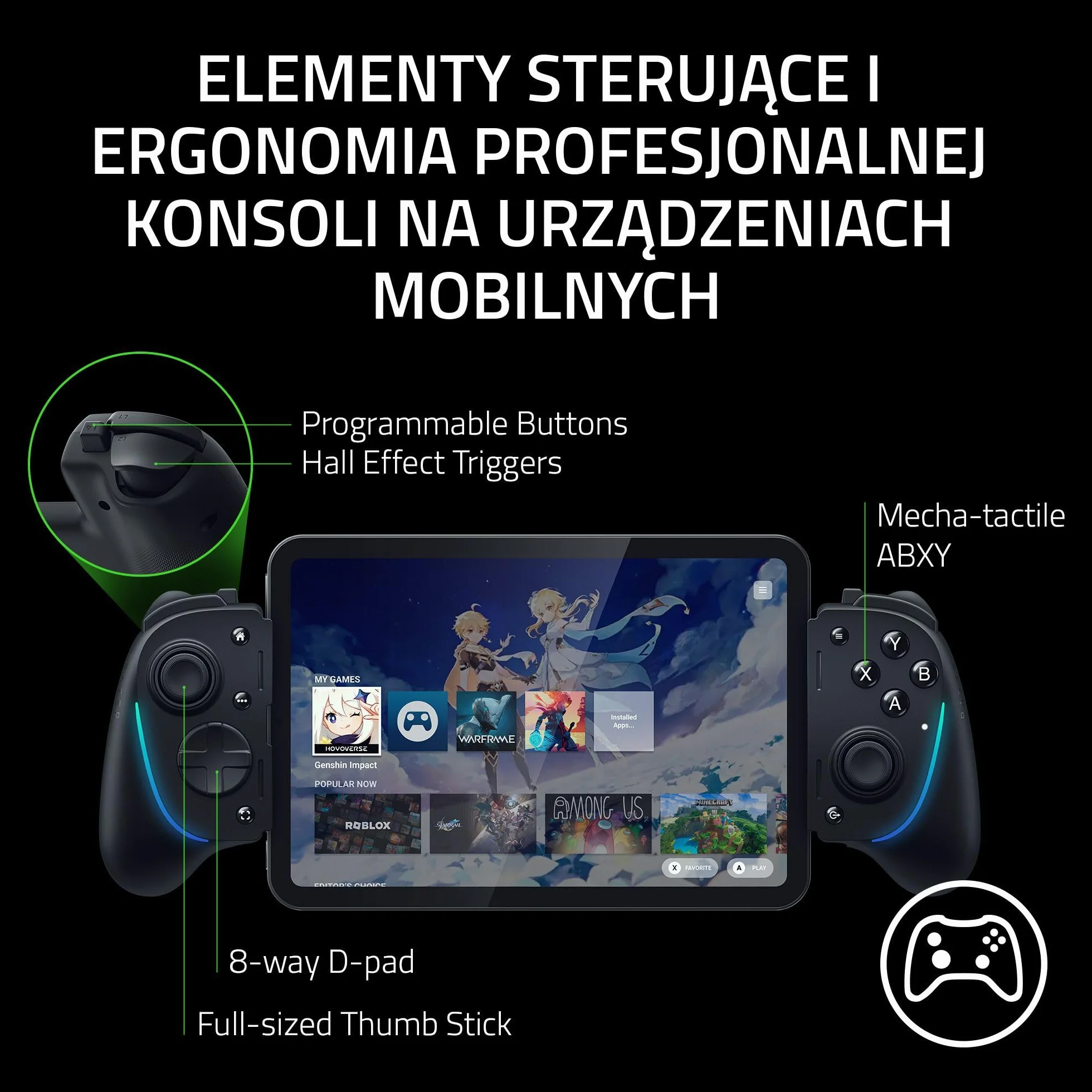 Razer Kishi Ultra USB-C - kontroler do gier na Androida, iPhone'a z serii 15 i 16, iPada Mini A17 Pro i 6 (haptyka Sensa HD, RGB, ładowanie passthrough, przyciski mecha-taktyczne i D-pad) Czarny