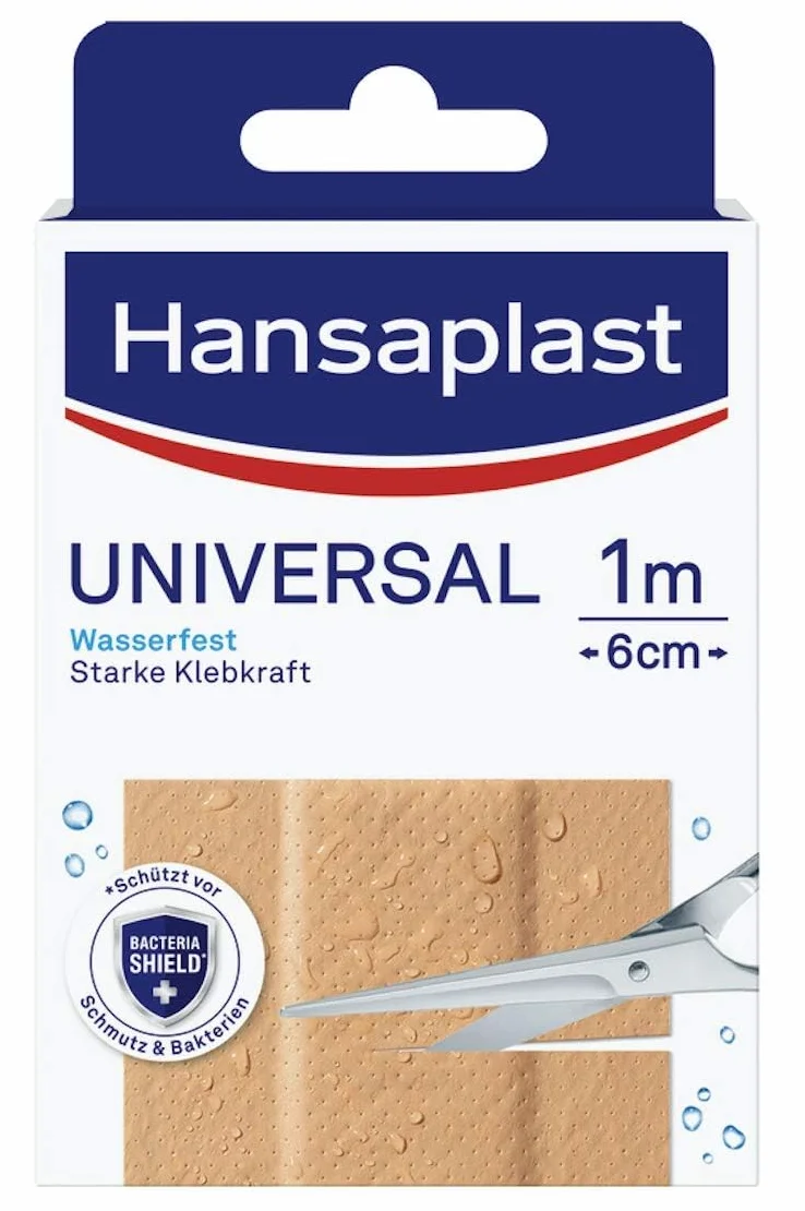 Hansaplast Uniwersalny plaster (1 m x 6 cm), odporny na zabrudzenia i działanie wody plaster na rany, z możliwością przycięcia rolka o dużej sile klejenia i Bacteria Shield
