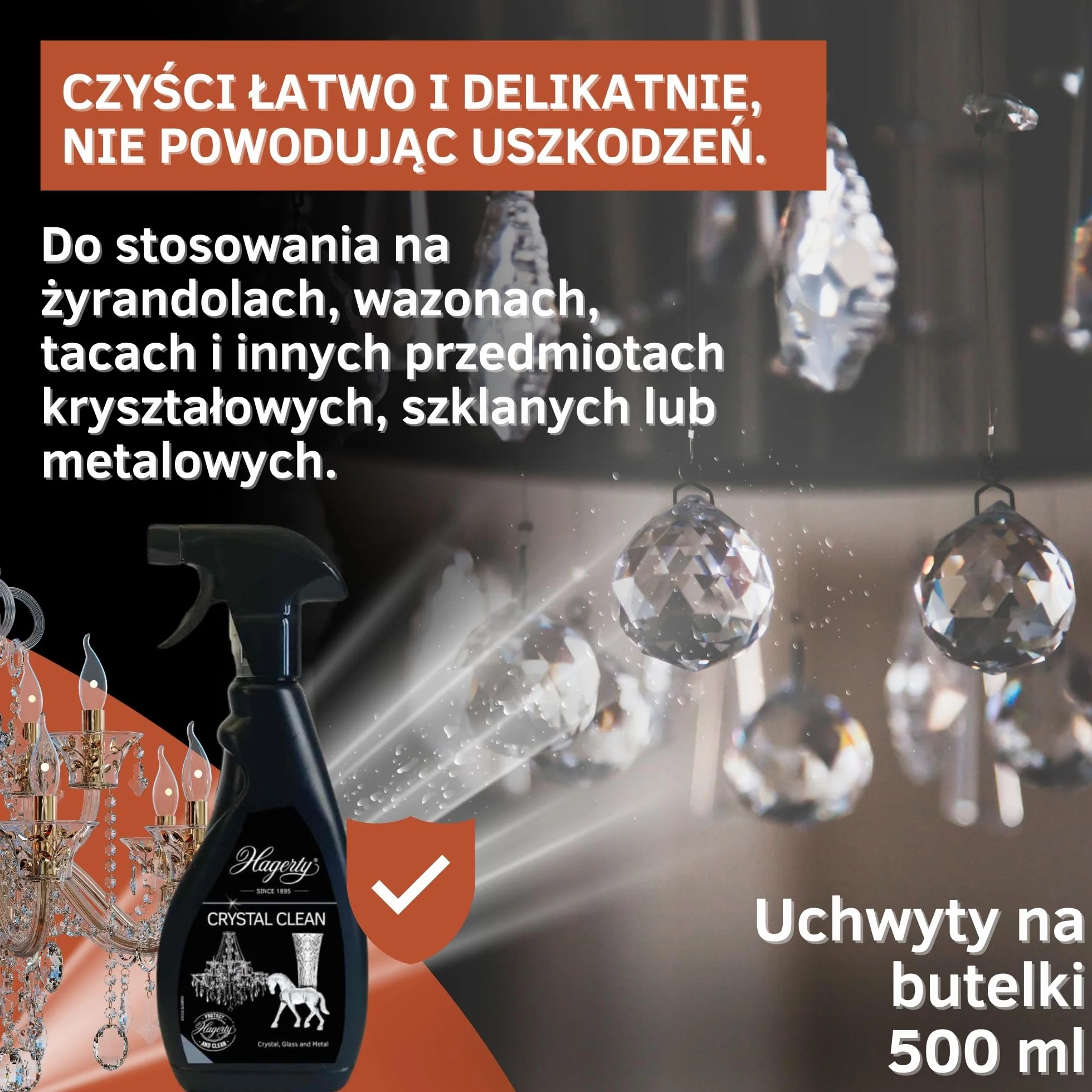 Hagerty Crystal Clean Spray do czyszczenia kryształów 500 ml I Skuteczny środek do czyszczenia żyrandoli I Spray do łatwego czyszczenia i pielęgnacji lamp z kryształu szkła i metalu