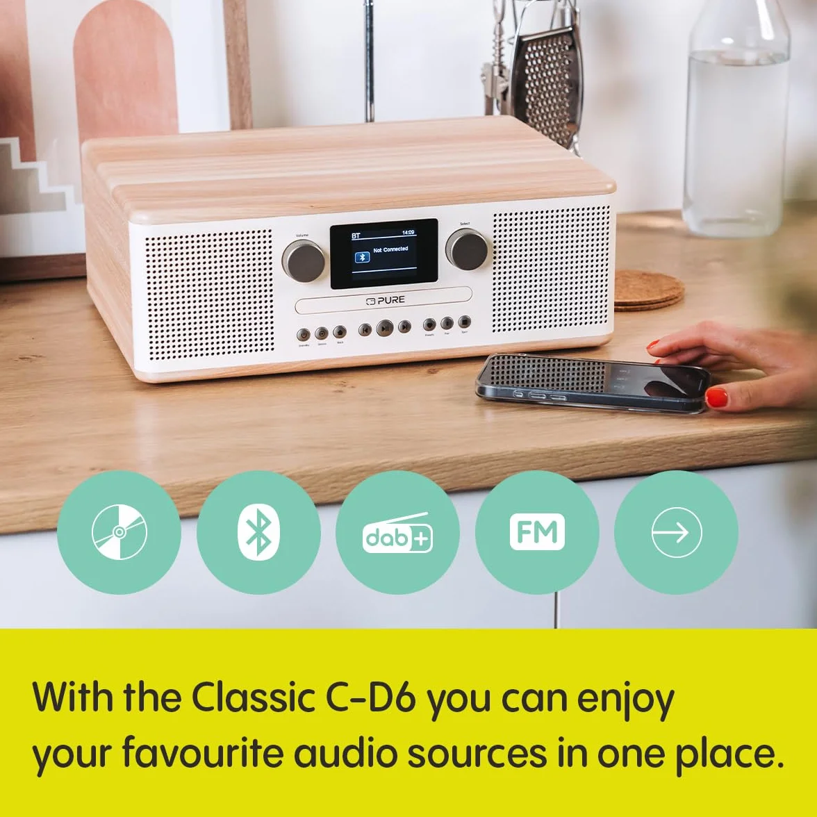 Pure Klasyczny system muzyczny C-D6 (odtwarzacz CD, DAB+/FM, Bluetooth, AUX, USB, Alarm Sleep Timer) bawełna biały/dąb