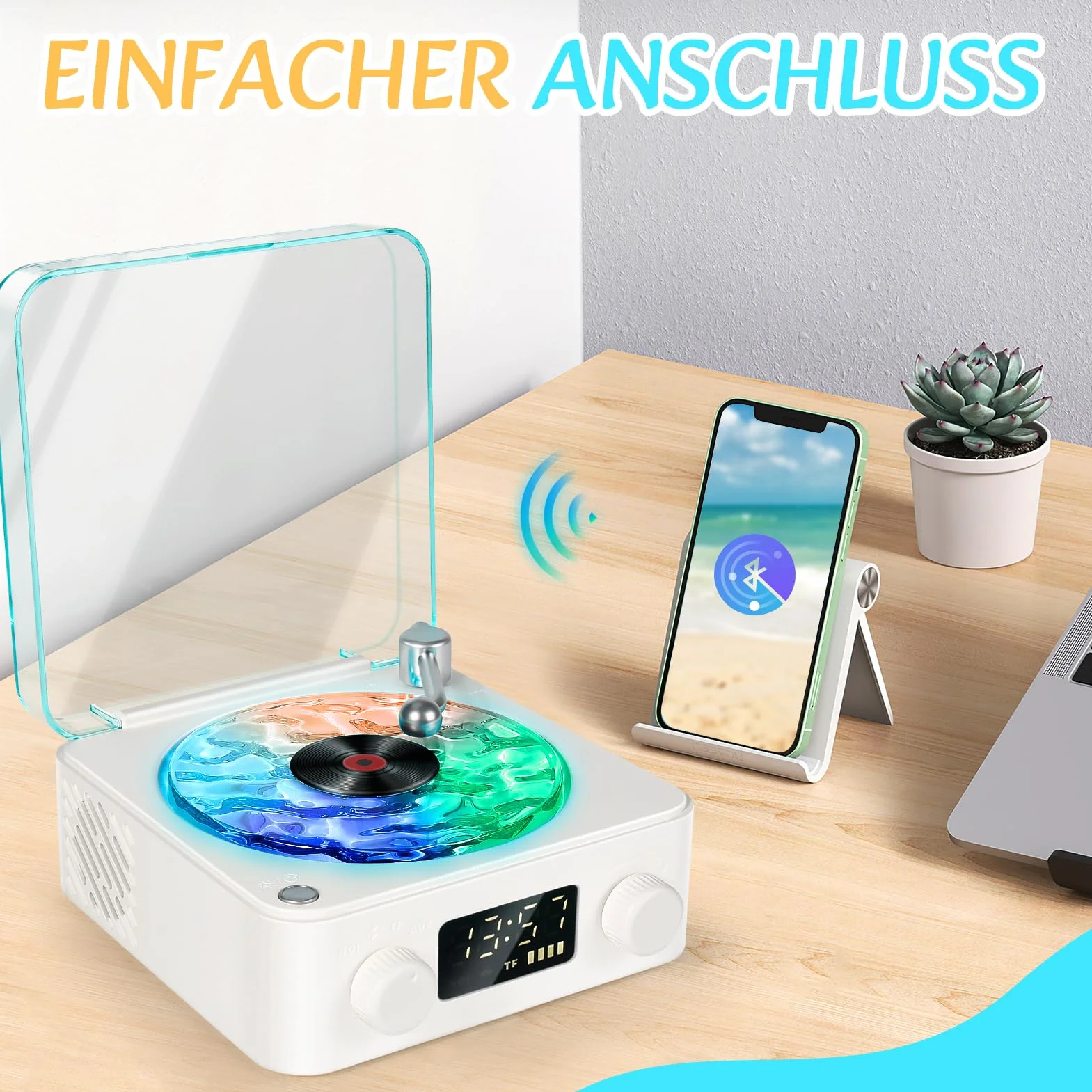 Odtwarzacz płyt winylowych Waves z głośnikiem Bluetooth i światłem Water Ripple