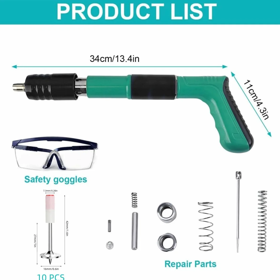 Pistolet do gwoździ, zestaw sprężonego powietrza, pistolet do betonu, ręczny pistolet do gwoździ, pistolet młotkowy, pistolet do gwoździ z okularami ochronnymi i 10 okrągłymi gwoździami