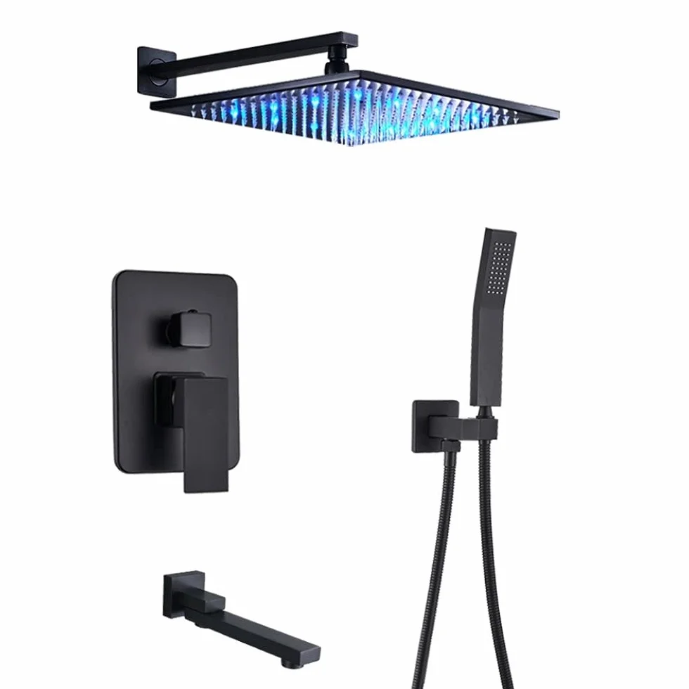 Matowa Czarna Bateria Łazienkowa Deszczownica Prysznicowa LED Bateria Wannowa Ścienna Bateria Prysznicowa Bateria Mieszalna Zestaw Prysznicowy Zestaw Prysznicowy(8 Inch Shower Set)