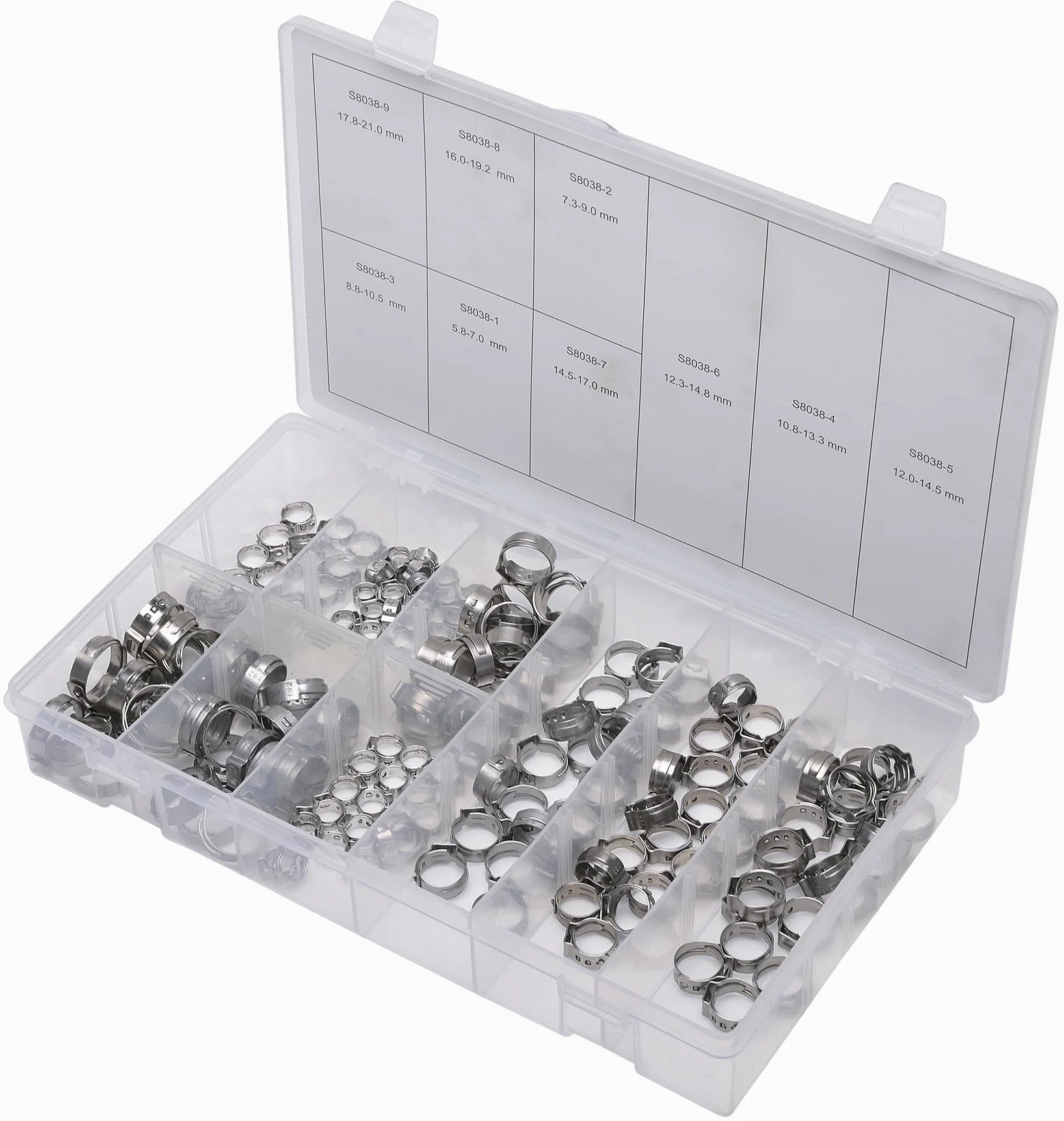 SW-Stahl S8038 Zestaw Obejm do Węży, 170 Elementów - Opaski Zaciskowe | Praktyczny asortyment w rozmiarach 10.8-13.3mm i 12.0-14.5mm, idealny do warsztatu i profesjonalnego mocowania przewodów