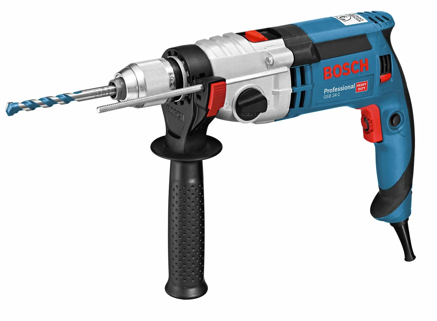 Bosch Professional: wiertarka udarowa GSB 24-2 moc 1100 W, maks. moment obrotowy: 40/14,5 Nm, szybkozaciskowy uchwyt wiertarski, rękojeść dodatkowa, ogranicznik głębokości, walizka L-Case