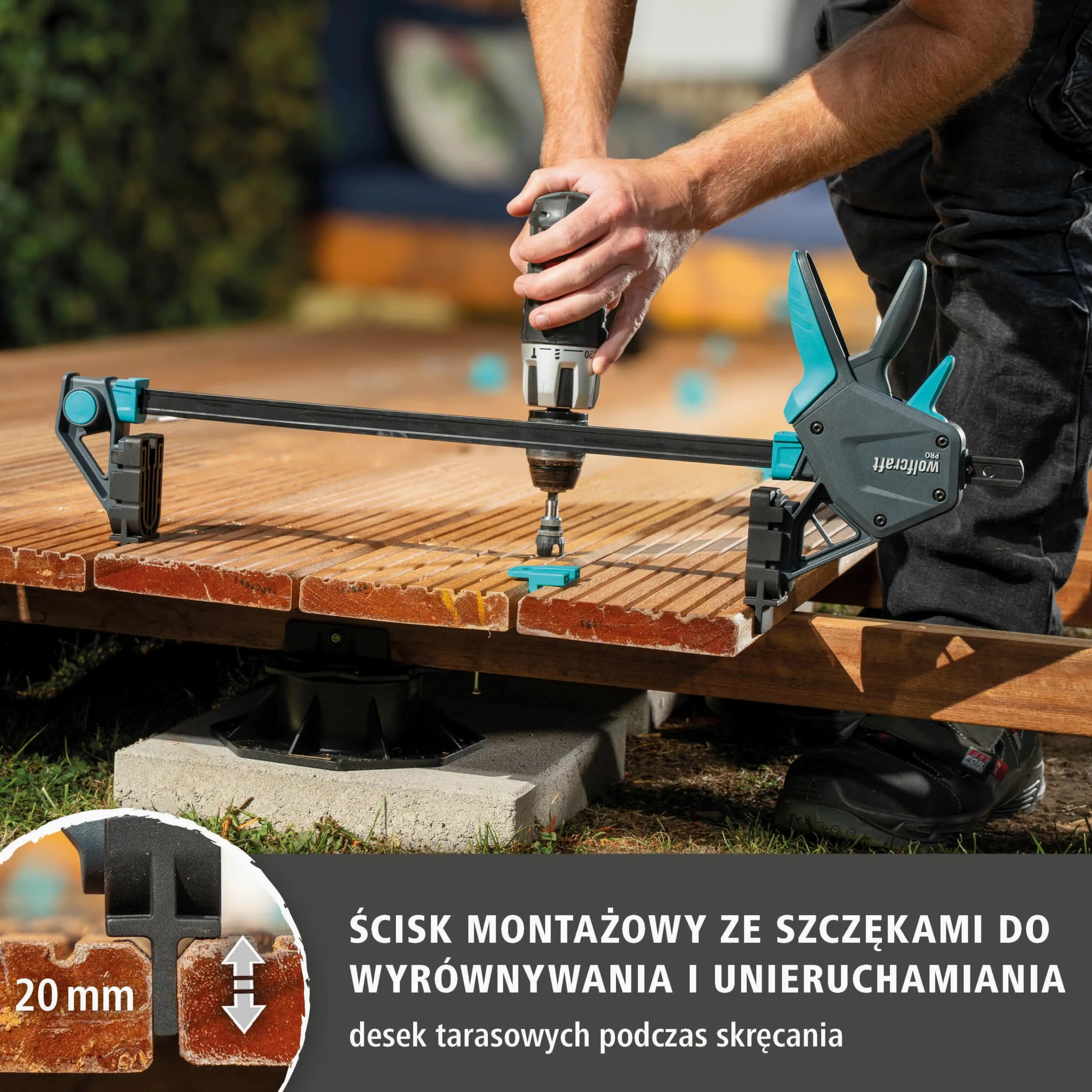 wolfcraft 2 zaciski montażowe PRO – do dokładnego ustawiania i mocowania desek tarasowych przed i podczas wkręcania – 8679060