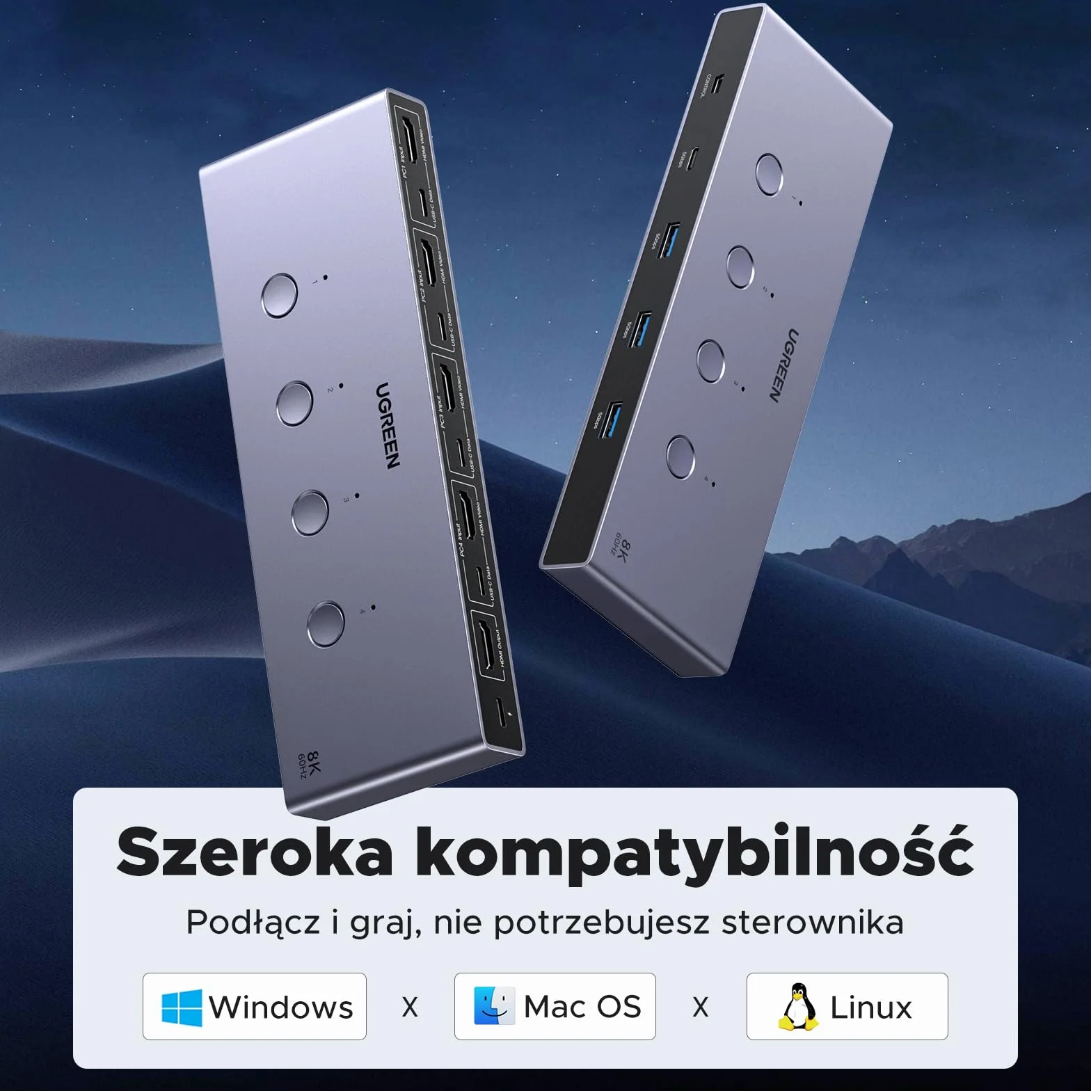 UGREEN HDMI 2.1 KVM Switch 4 In 1 Out 8K@60Hz USB 3.0 Switch 4 Porty (3*USB A+ USB C) Udostępnianie 1 Monitora i Klawiatury, Myszy, Drukarki, Dysku U dla 2 PC