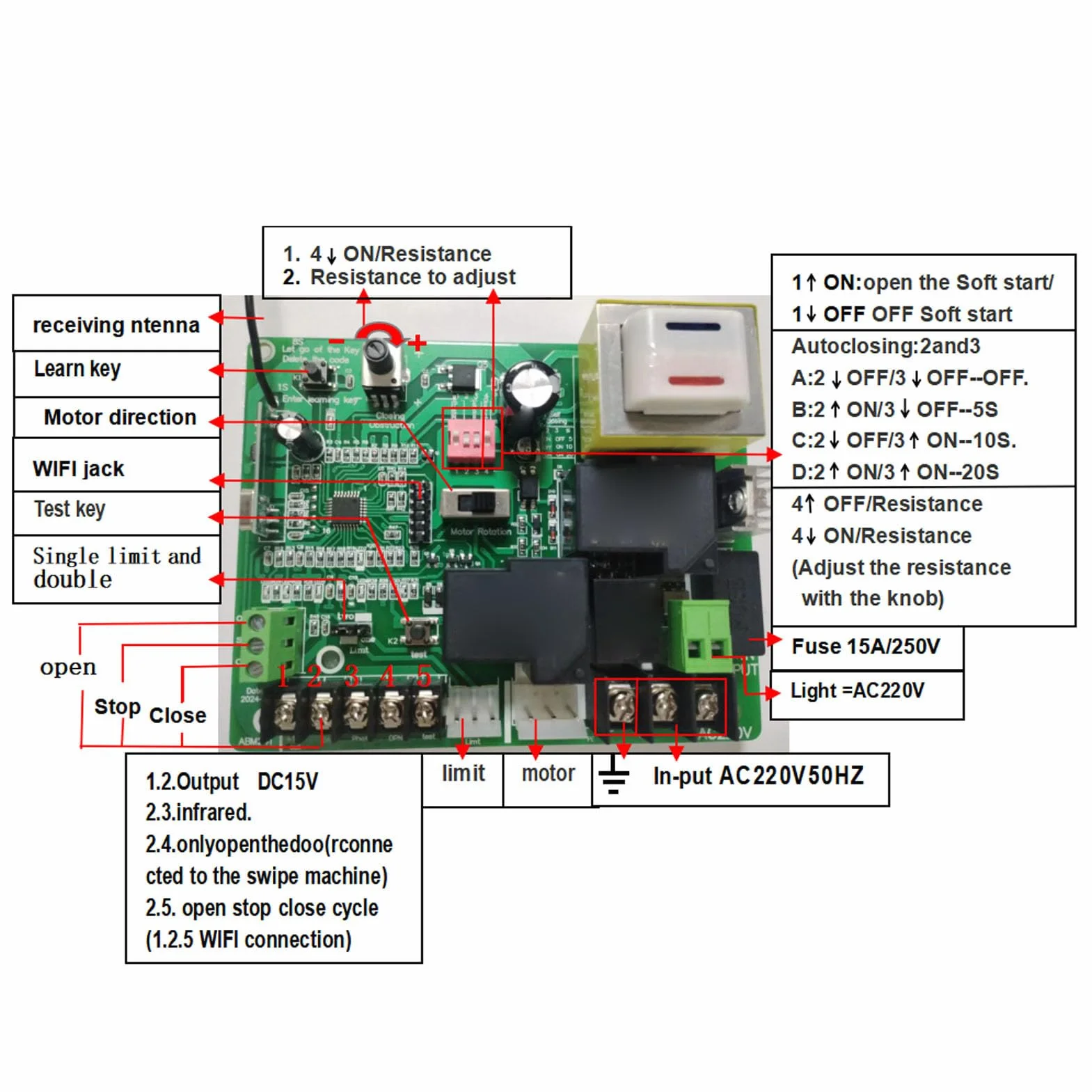 Płyta Sterująca Mechanizmu Otwierania Bramy Przesuwnej, 433,92 MHz Rolling Code Zestaw Płytek Drukowanych Elektrycznego Kontrolera Drzwi z 2 Pilotami do Użytku Fabrycznego (220V)