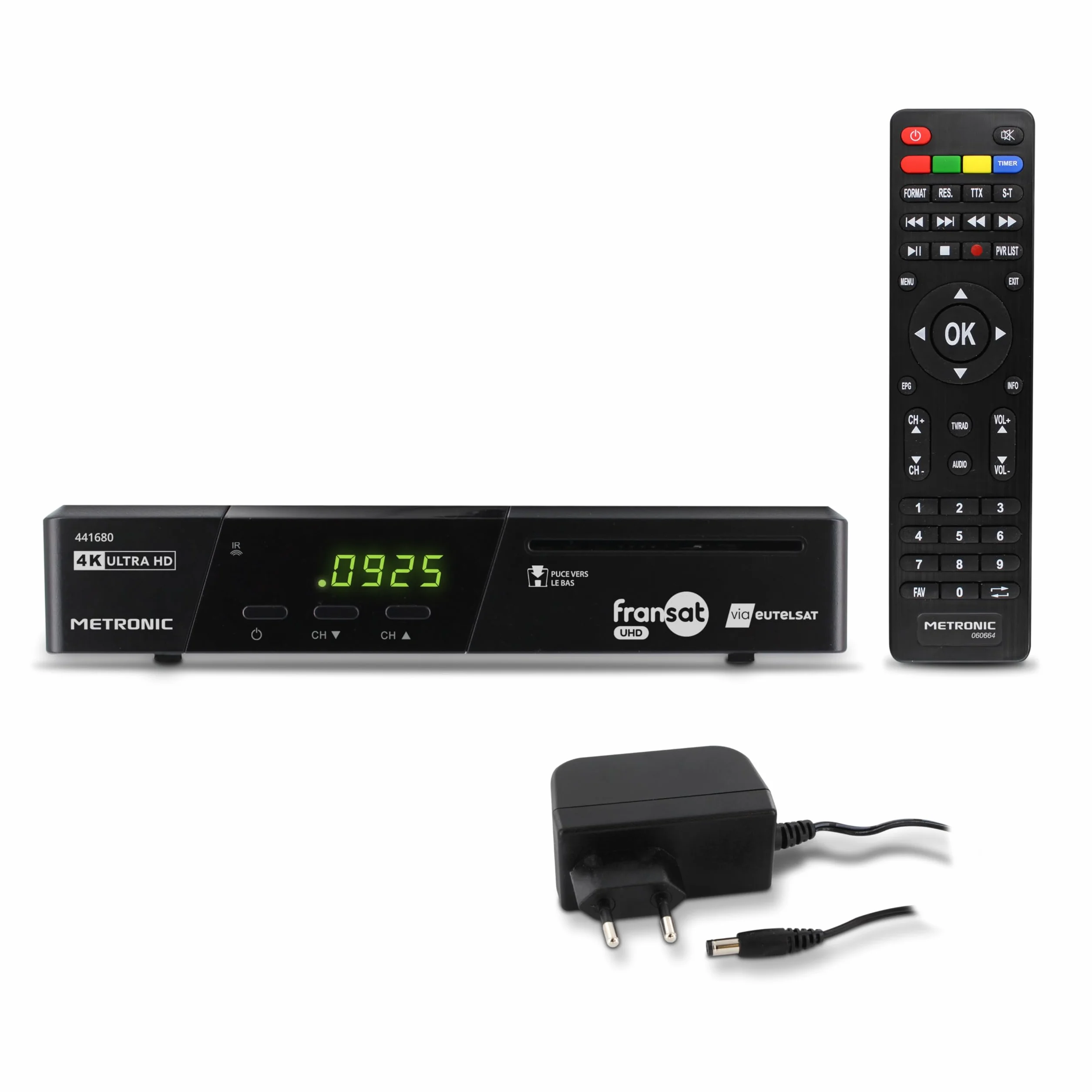 METRONIC Dekoder telewizji satelitarnej 441680 Fransat 4K UHD HDR10, darmowy odbiór telewizji NT, dźwięk Dolby Atmos, port USB z podwójną mocą, karta Fransat w zestawie, pauza i odtwarzanie telewizji