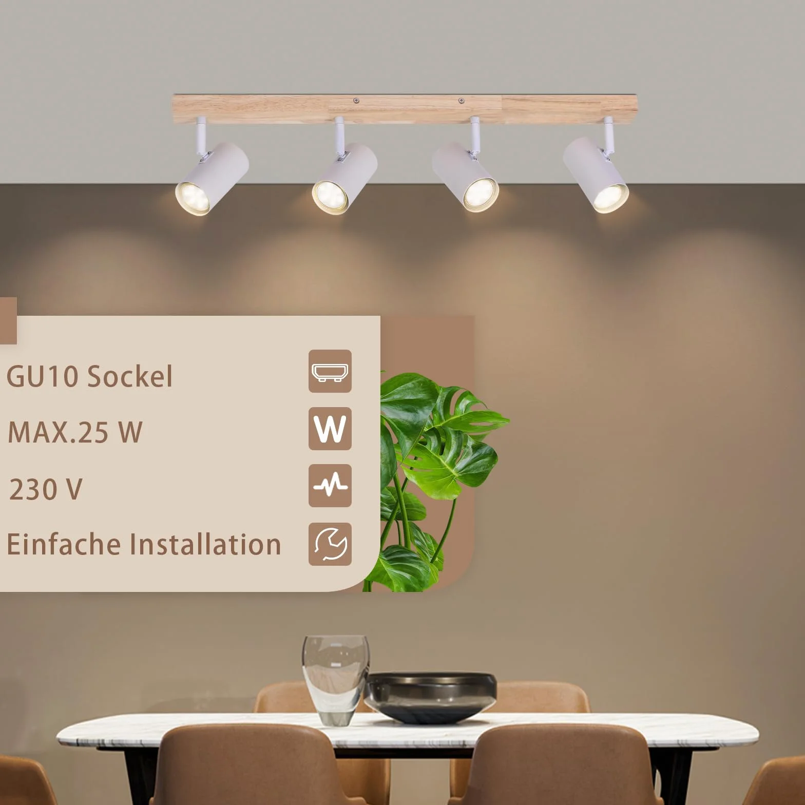 Glitzerlife 4 Reflektory sufitowe Drewniana Biała GU10 350° Obrotowa lampa sufitowa w stylu vintage Salon do przedpokoju Sypialnia