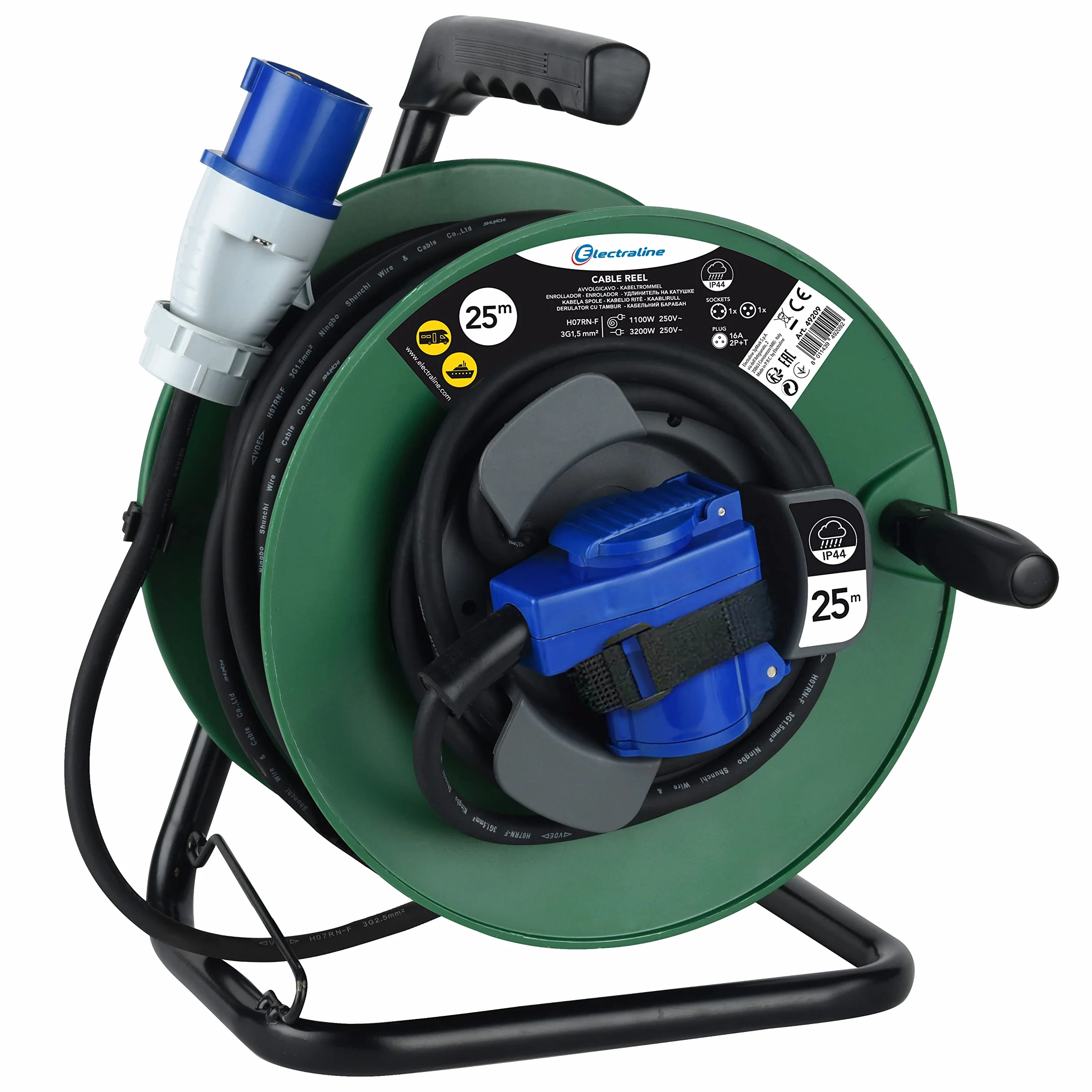 Electraline 49209 Gumowy przedłużacz elektryczny z nawijaniem kabla samochodowego, kempingowego, przyczepy kempingowej, z trójbiegunową wtyczką CEE i ceną przemysłową IEC-IP44, zielony/czarny, 25 M
