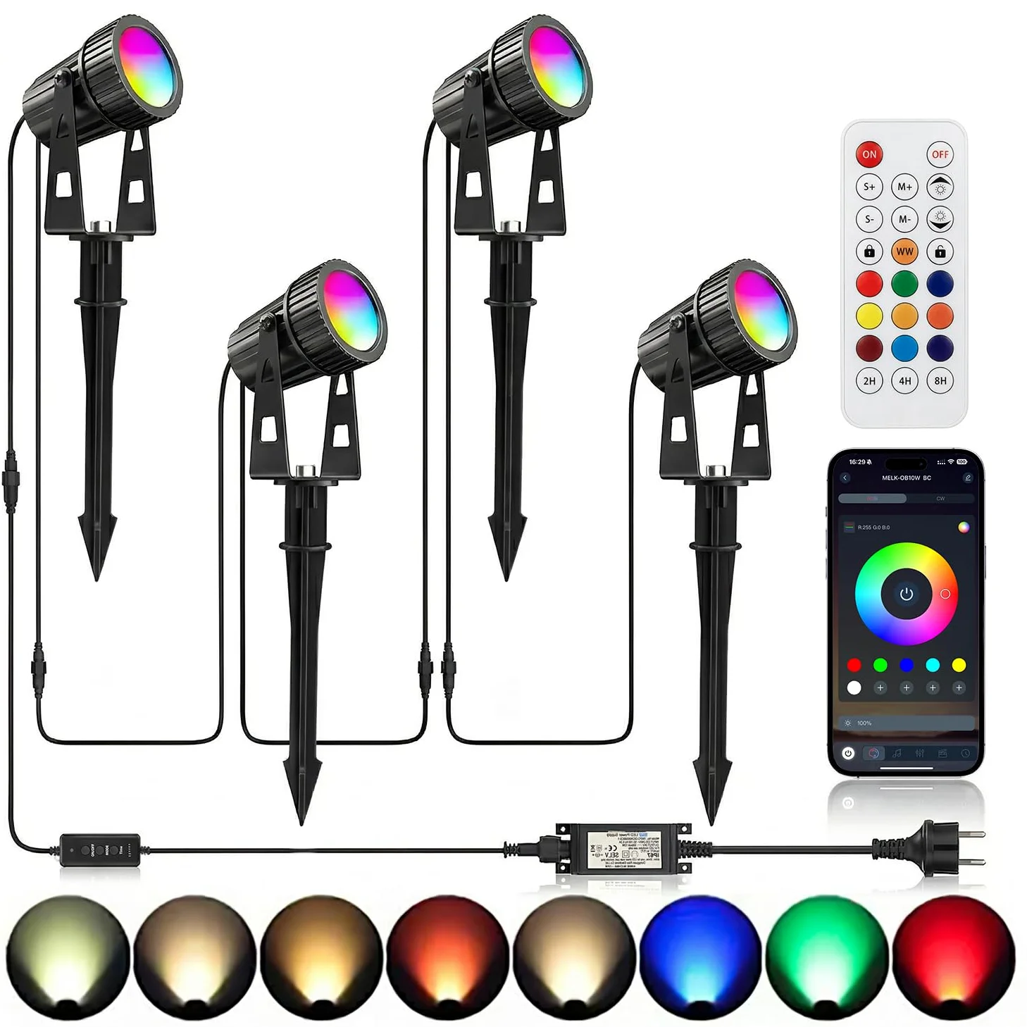 4 lampy ogrodowe LED RGBW, 24V, 12 W ogrodowy, timerem, wtyczką do ziemi i pilotem, stopień ochrony IP65, przeznaczone do trawników, ogrodów i innych przestrzeni zewnętrznych