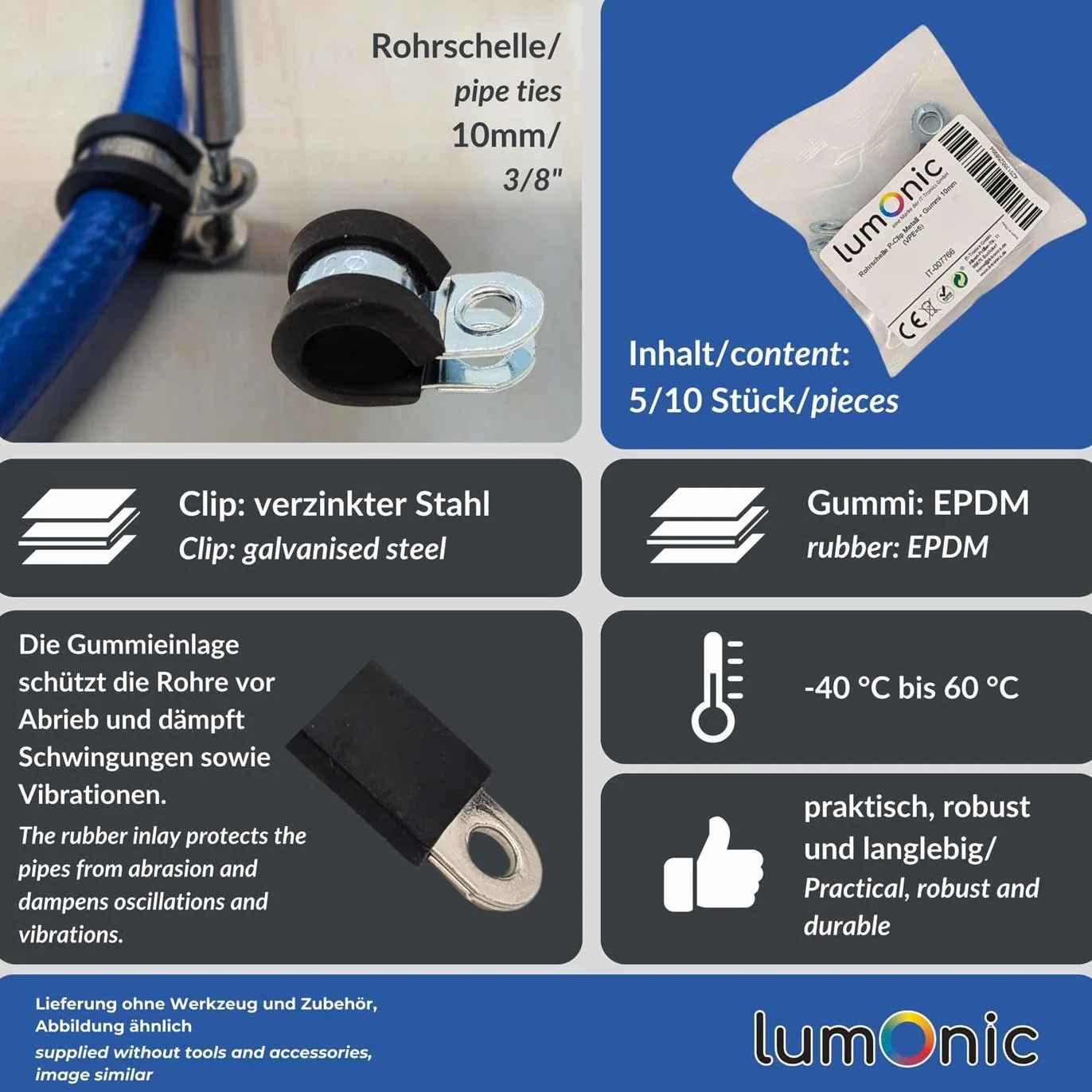 Lumonic 5x 10mm klipsy do rur z wkladka gumowa I Klipsy kablowe do przykrecania I Klips do weza 10mm, klipsy do rur, klips mocujacy 10mm, uchwyt do rur