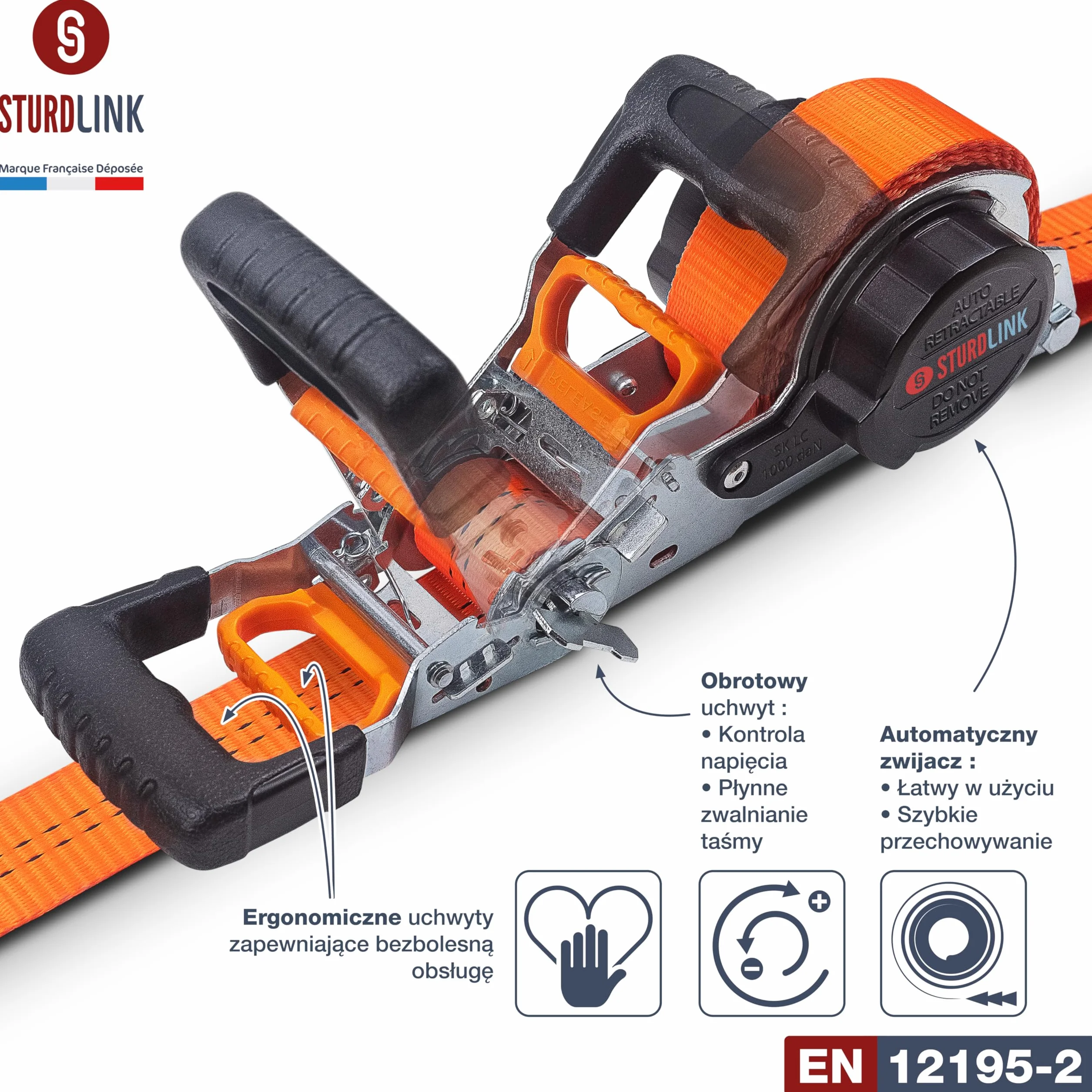 Automatyczne paski zapadkowe 35 mm 5m J stalowe haki LC 1000 kg/2000kg w kształcie litery U | Automatyczny zwijacz paska | Idealny uchwyt do przyczepy motocyklowej Quad Auto | Zestaw 2 sztuk + Torba |