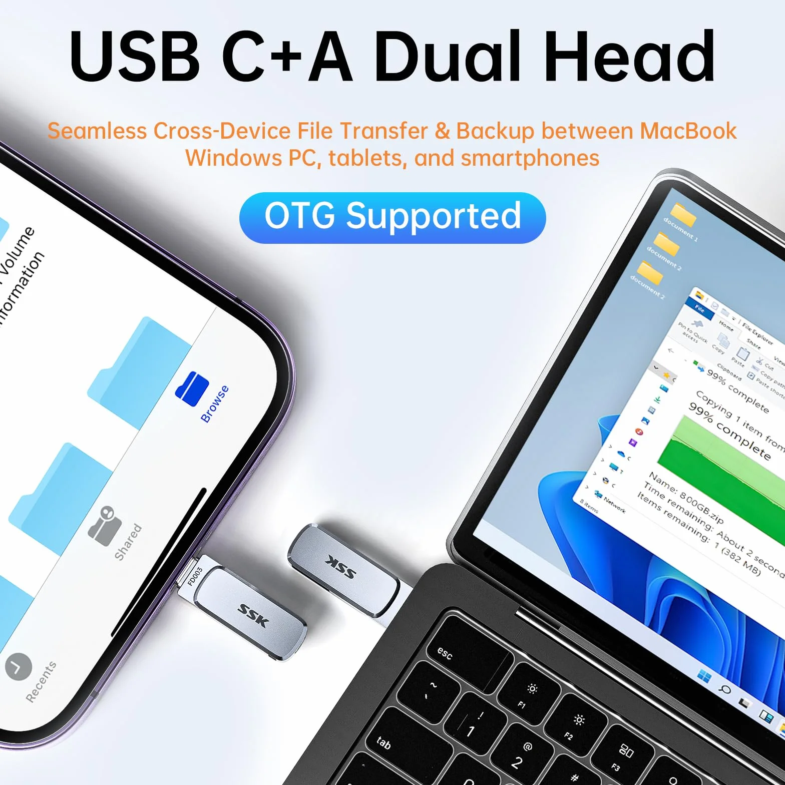 SSK Pamięć USB C 64 GB do 240 MB/s, Dual Memory Stick USB 3.2 Typ-C i USB-A, pamięć flash Drive do iPhone 15/16Pro/Win / Android z wodą, kurzem i ochroną przed upadkiem