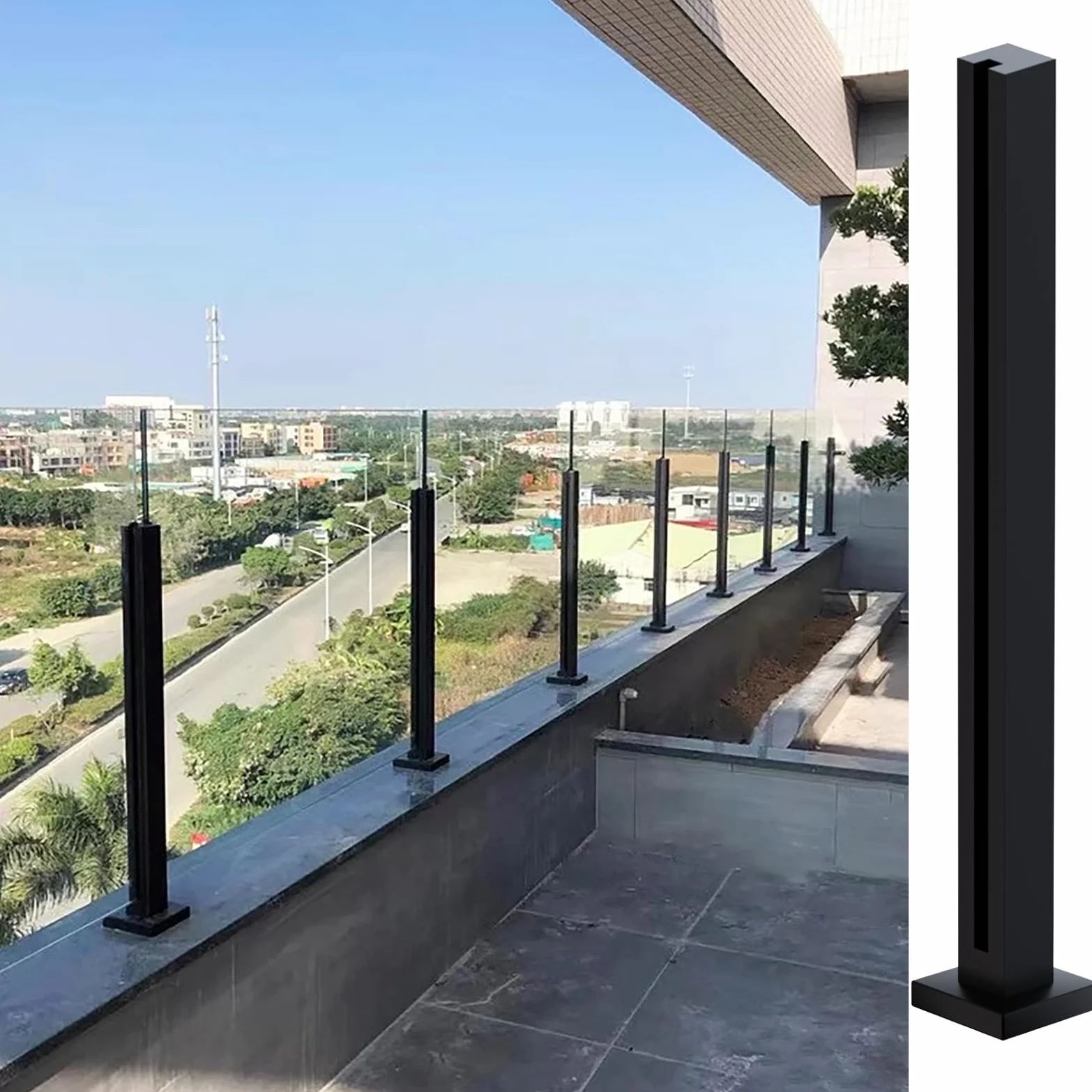 Szklany Słupek Balustradowy - Szklany System Balustrad Tarasowych Topless z otworami na Szpilki do Tarasów, Bchodów, Balkonów, Basenów, Ogrodów i Patio - Kwadrat ze Stali Nierdzewnej