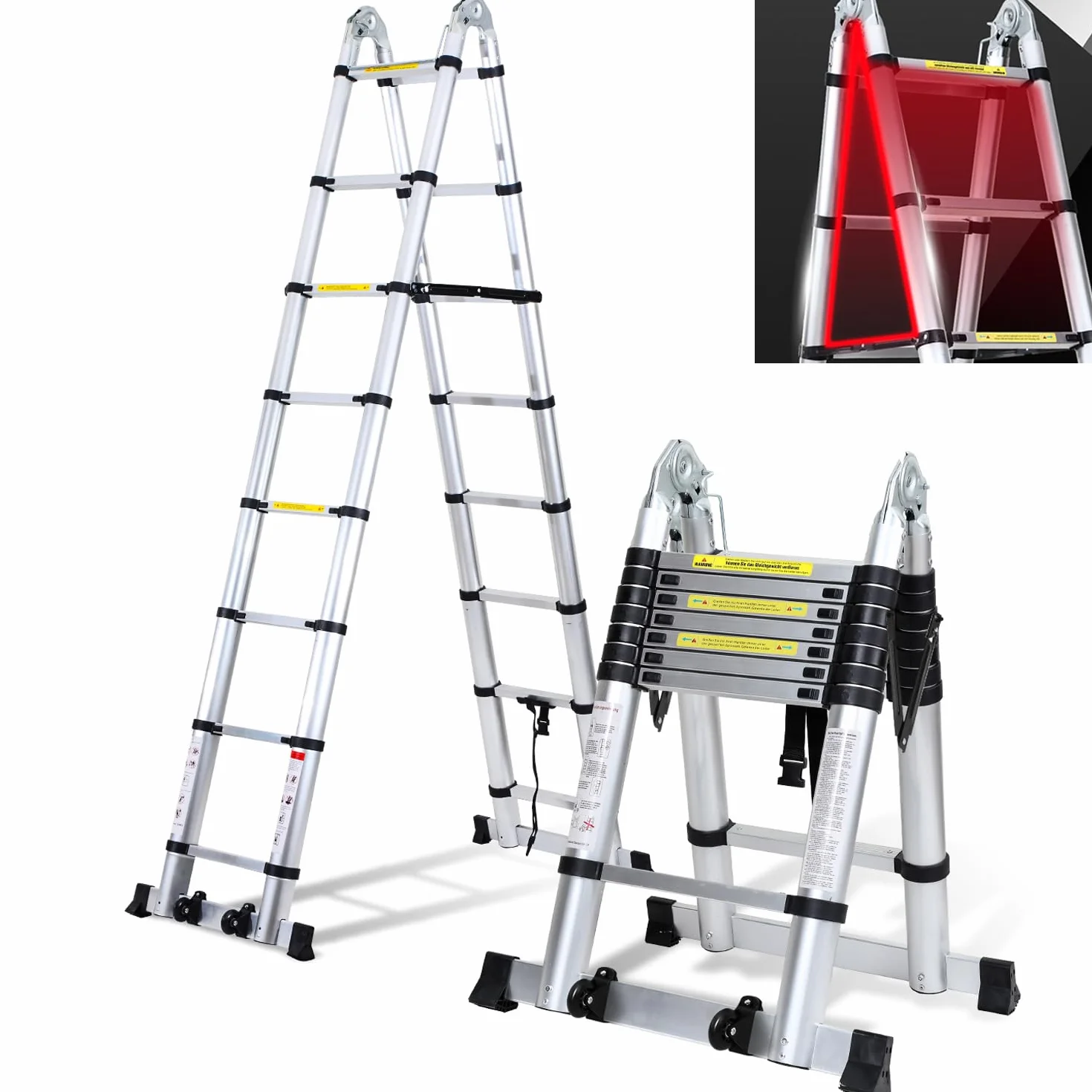 Drabina teleskopowa, składana drabina aluminiowa, z odpinanymi podwójnymi kołami pasowymi, maksymalne obciążenie 150 kg, wysuwana, srebrna, 5 m (2,5 + 2,5 m)