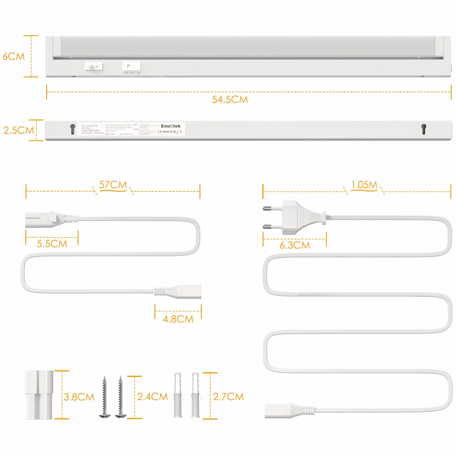 ENUOTEK Oświetlenie Szafki LED 230V Obrotowa, 54.5cm Lampa Podszafkowa Kuchennna, 3 Regulowane Kolory Światła 3000K 4000K 6500K, 8W 750 Lm, Do Kuchni i Łazienki