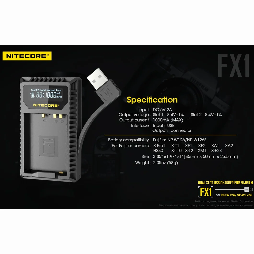 Nitecore FX1 Fujifilm W126/W126s Podwójna Ładowarka USB 2-godzinna