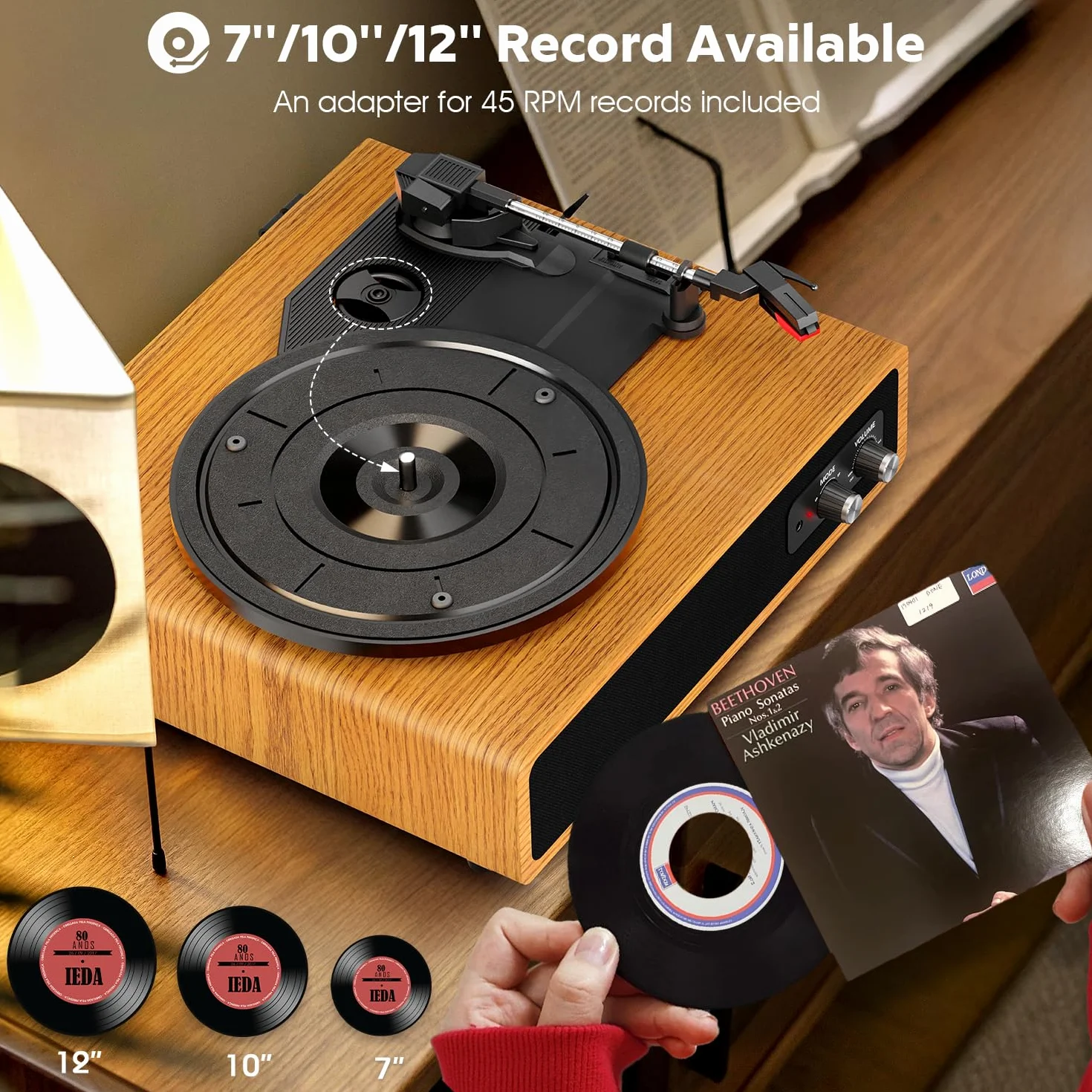 FYDEE Przenośny Gramofon Winylowy Bluetooth 3 Prędkości 33/45/78 RPM Retro Odtwarzacz z Wbudowanymi Głośnikami Stereo