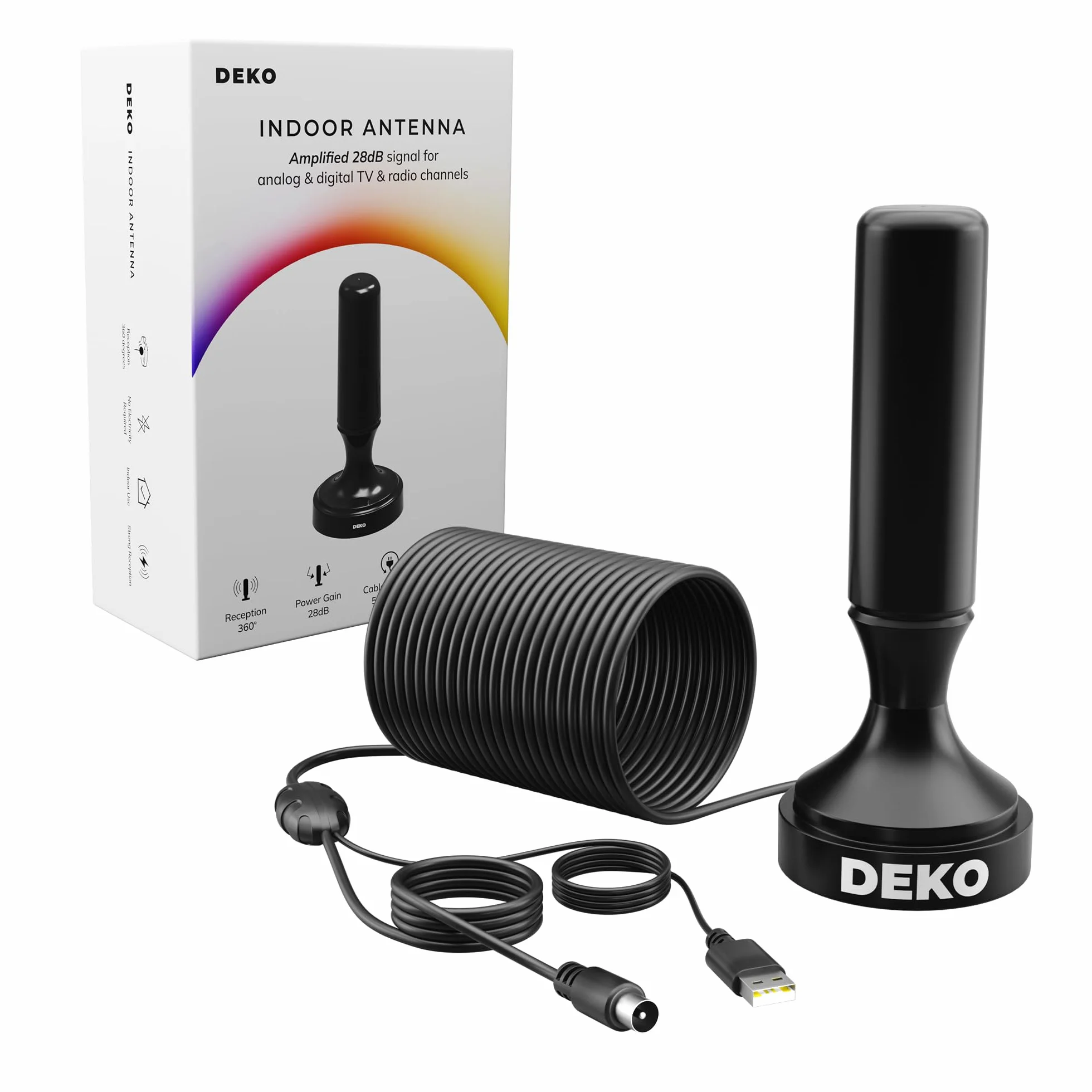 DEKO Antena DVB-T DVB-T2 ze wzmacniaczem, pokojowa HDTV, duży zasięg 360°, podstawa magnetyczna, kabel 5 m, 4K