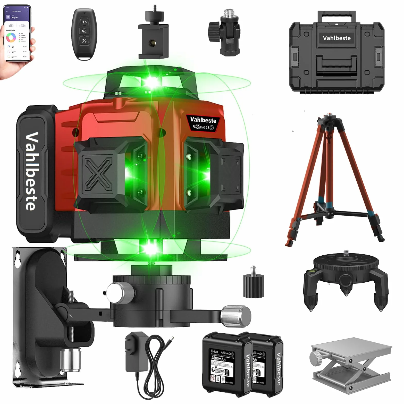 Laserwaterpas stawia statystykę 4 x 360°, 4D 16-Lijns bouwlaser umieszcza 2 x 4800 mAh-batterij w wyświetlaczu LED, 360 graden zelfnivellerende laserwaterpas, aplikacja, afstandsbediening
