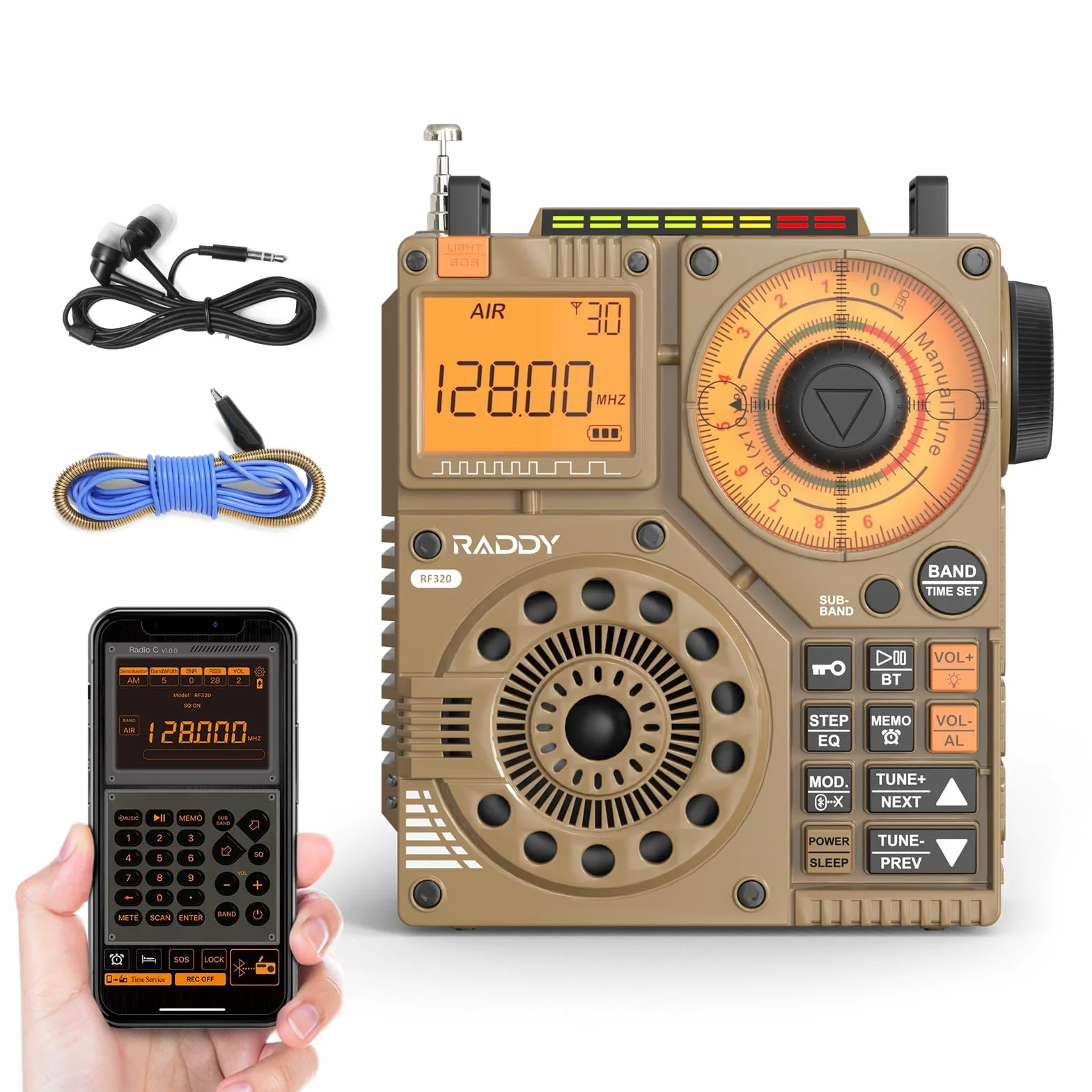 Raddy RF320 APP Control Radio krótkofalowe, odbiornik AIR/FM/AM/VHF/SW/WB, przenośne radio ładowane z anteną przewodową 9,85 m (żółty)