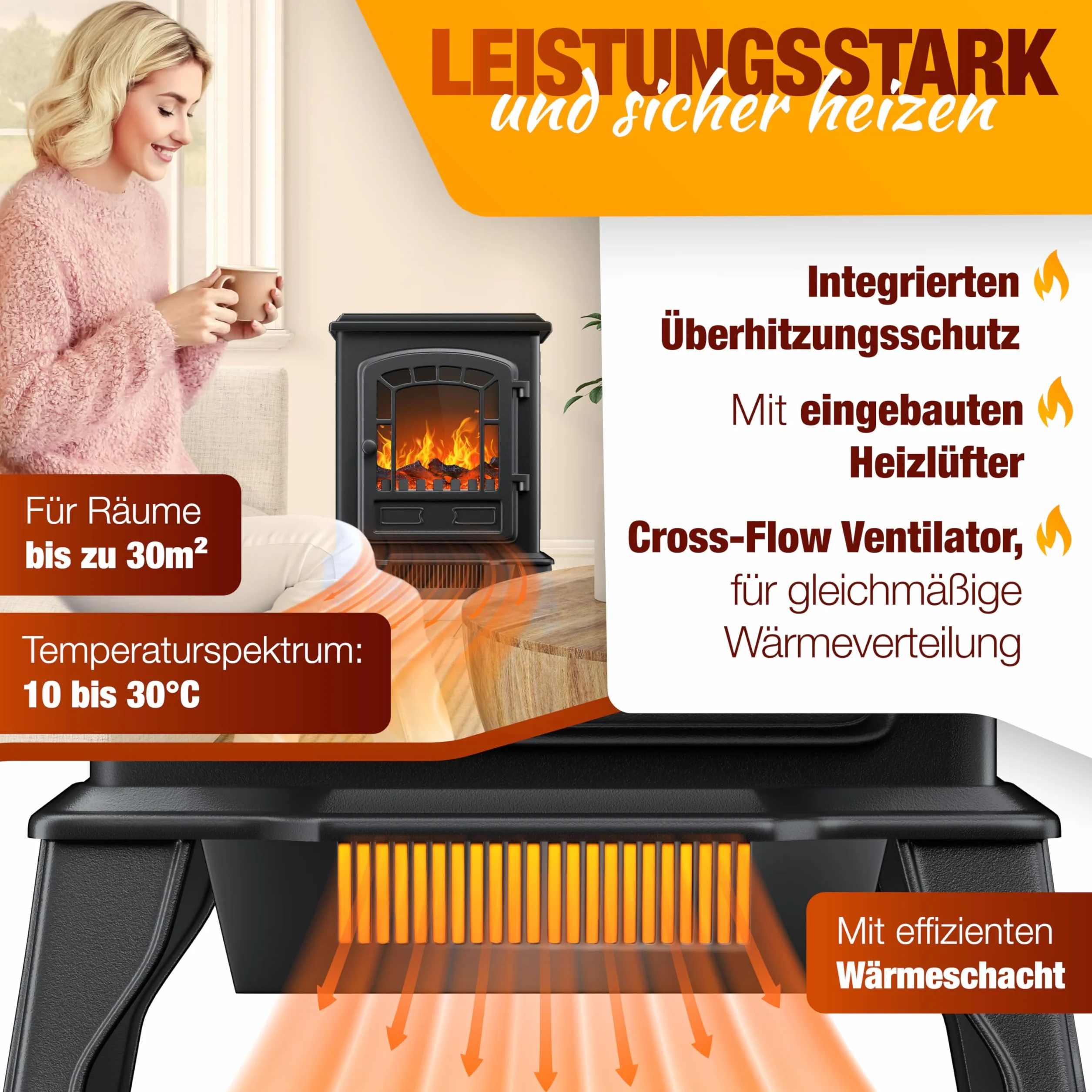 KESSER® Kominek elektryczny 2000 W z termowentylatorem, LED efekt płomienia, czarny