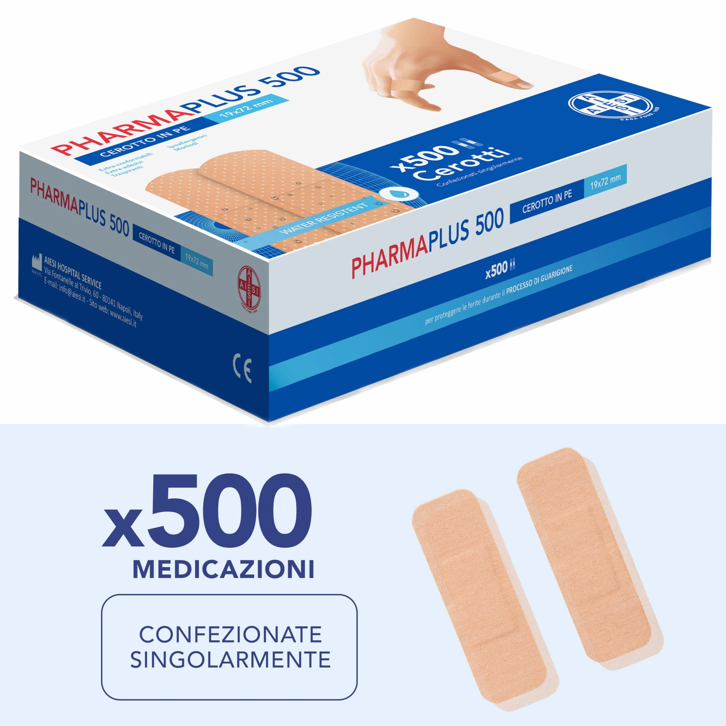 AIESI® Plastry medyczne 19x72 mm samoprzylepne z oddychającego PE PHARMAPLUS (Opakowanie 500 sztuk), Wodoodporne, Bardzo mocna przyczepność