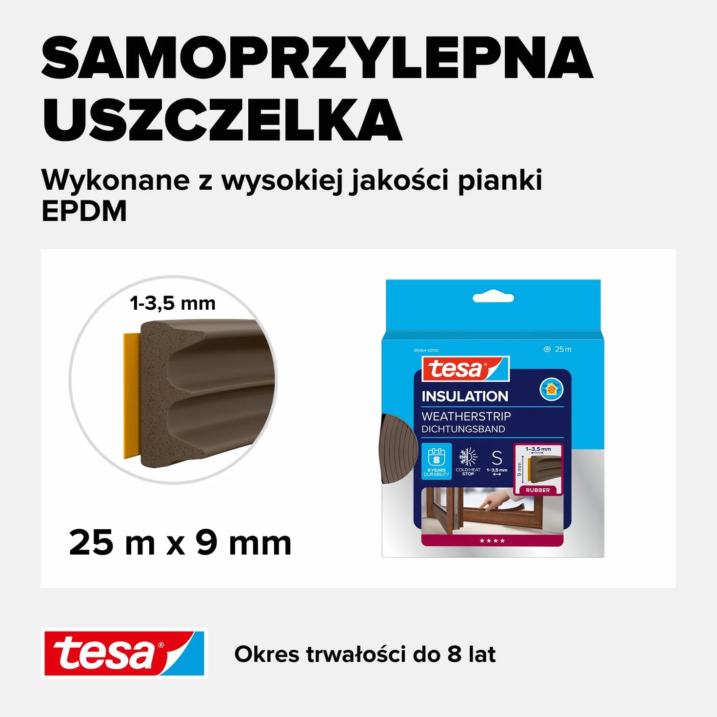 tesa INSULATION S taśma uszczelniająca - Samoprzylepna gumowa uszczelka do izolacji szczelin w oknach i drzwiach - Brązowa - 25 m x 9 mm x 4 mm