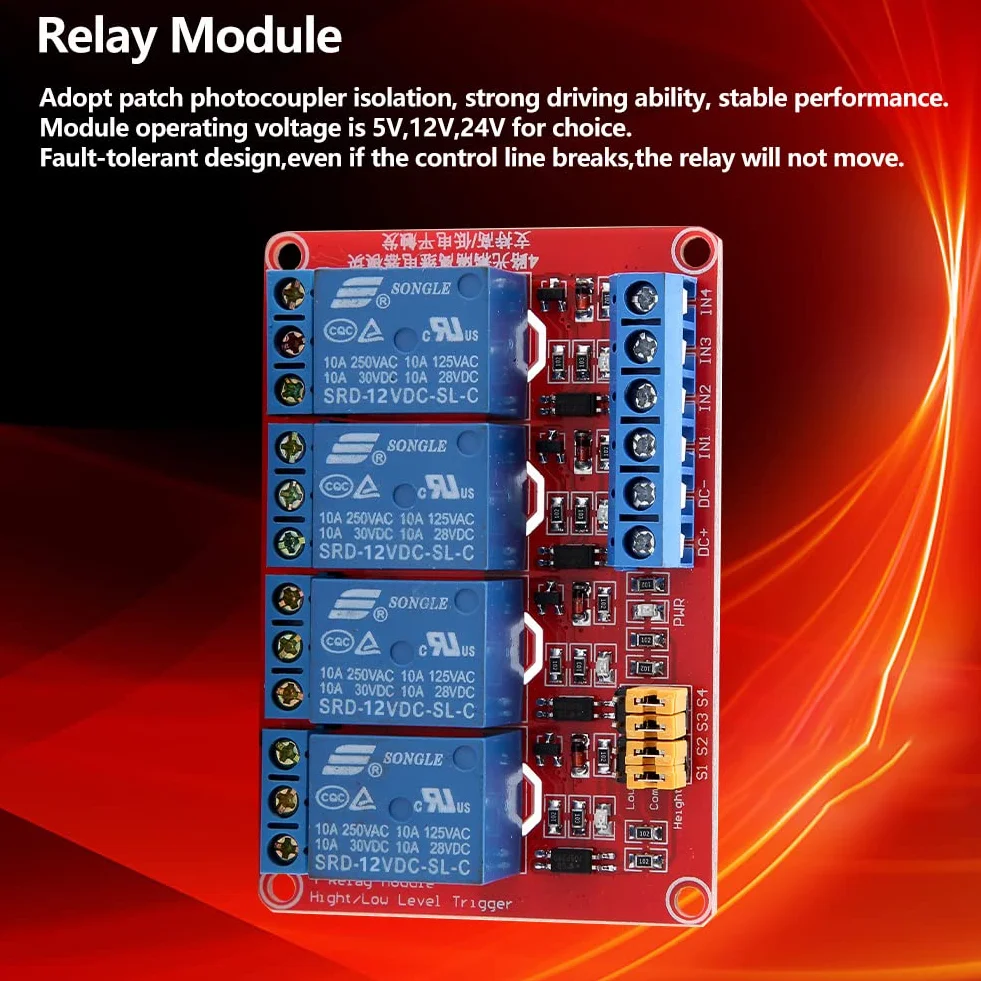 Keenso 4-kanałowy moduł przekaźnikowy 5V, 12 V, 24 V płyta przedłużająca przekaźnika niskiego poziomu wyzwalania karta przekaźnik izolacja przez współdzielenie (12V)