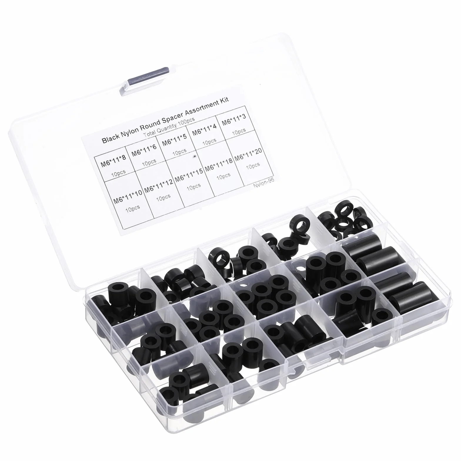 Zestaw podkładek dystansowych z tworzywa ABS, okrągłe, czarne, nylonowe, niegwintowane, nylonowe, okrągłe, dystansowe, czarne, tworzywo ABS, 6,2 mm