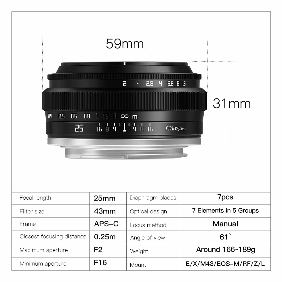 TTArtisan 25 mm F2.0 APS-C ręczny obiektyw aparatu przenośny ekonomiczny obiektyw portret ludzkość ulica martwa natura obiektyw do mocowania Sony E