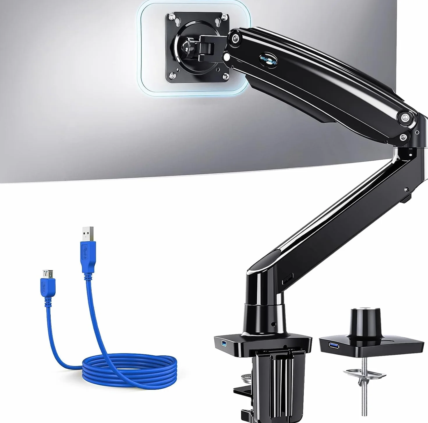 HUANUO Pojedyncze ramię monitora mieści 12 kg, ultrawide stojak na monitor komputerowy do ekranów 49 cali, ulepszony regulowany uchwyt na monitor z USB, zacisk C i podstawa przelotkowa, VESA 75 x 75