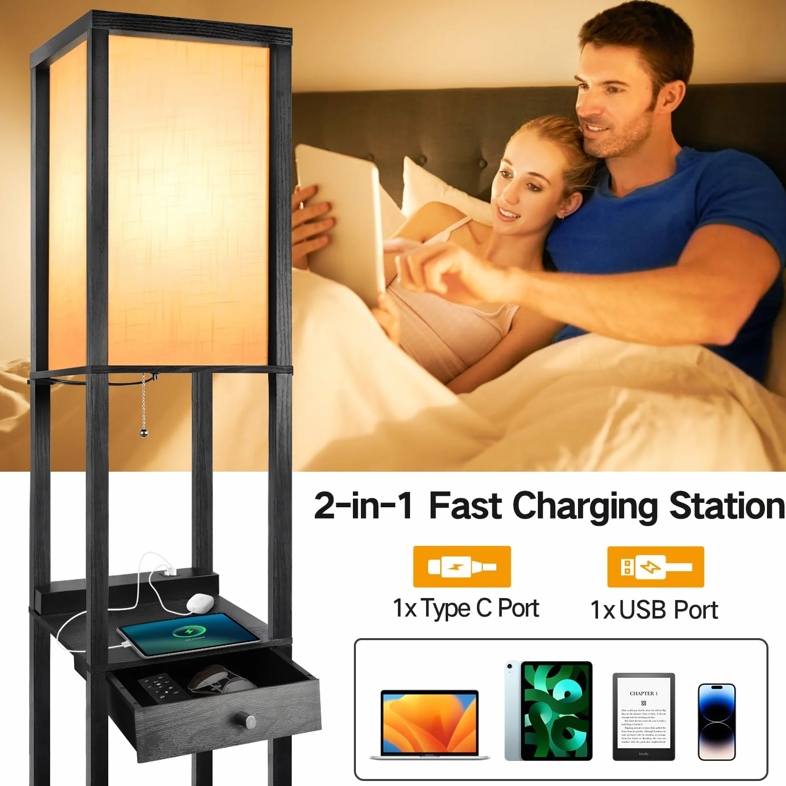 OUTON Lampa stojąca LED z szufladą, 3 temperatury barwowe, 2 porty USB, czarna